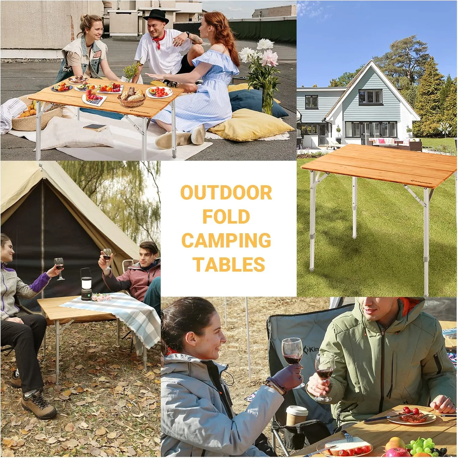 KingCamp Lightweight Stable Folding Camping Table Bamboo Outdoor Folding Tables Adjustable Height Portable Picnic