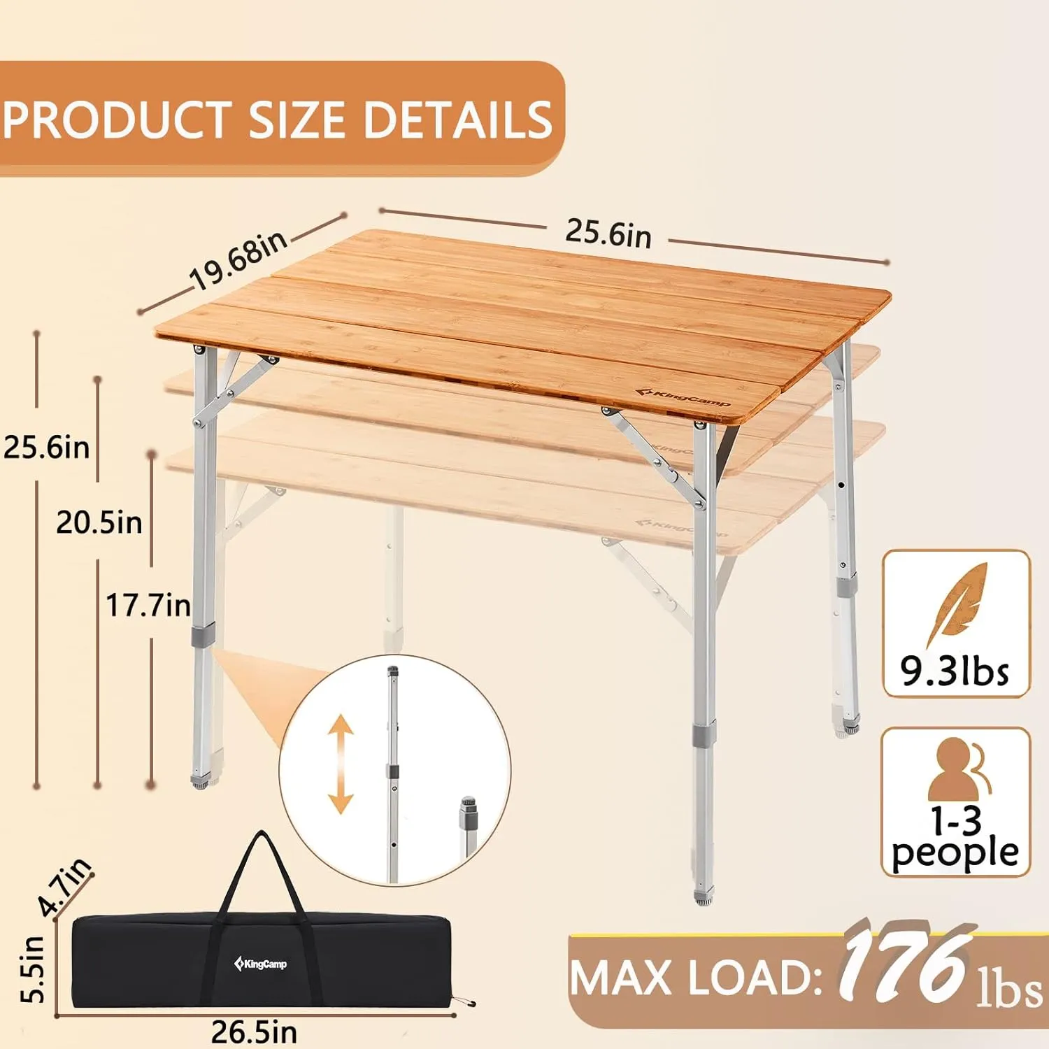 KingCamp Lightweight Stable Folding Camping Table Bamboo Outdoor Folding Tables Adjustable Height Portable Picnic