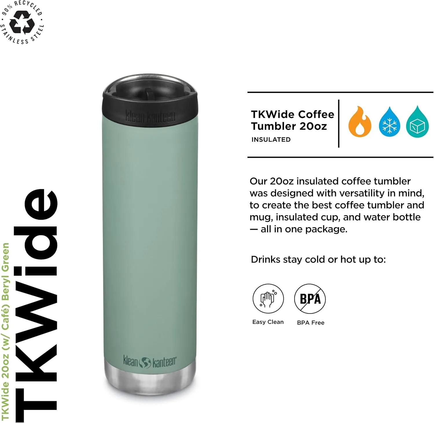 Klean Kanteen 20oz TKWide Insulated Coffee Tumbler with Café Cap - Beryl Green