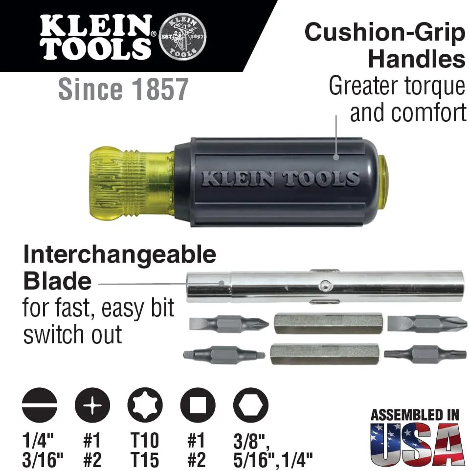 Klein Tools 80027 Screwdriver Set, 11-in-1 Multi-bit Screwdriver, 6-in-1 Stubby, Phillips, Slotted, Square, Torx Bits, 2-Piece