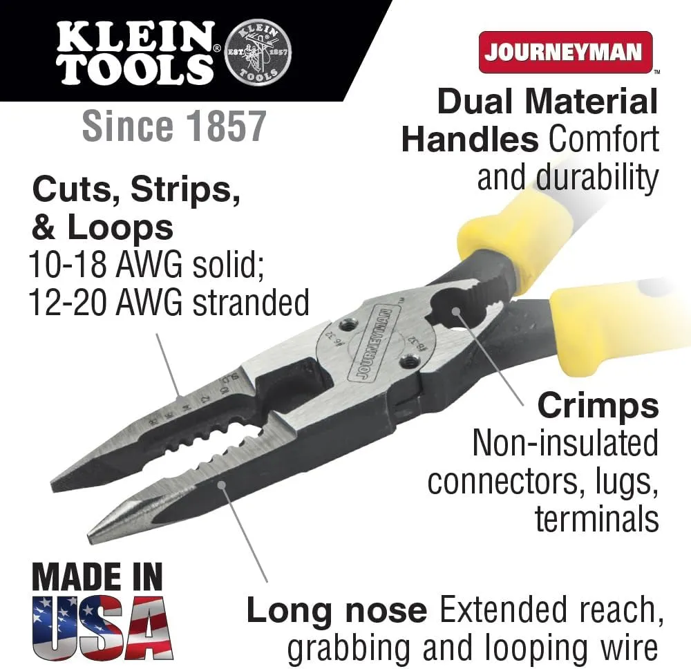 Klein Tools J207-8CR Needle Nose Pliers are All-Purpose Linesman Pliers, Made in USA, Crimping, Looping, Cutting, Stripping, Crimping, Shearing
