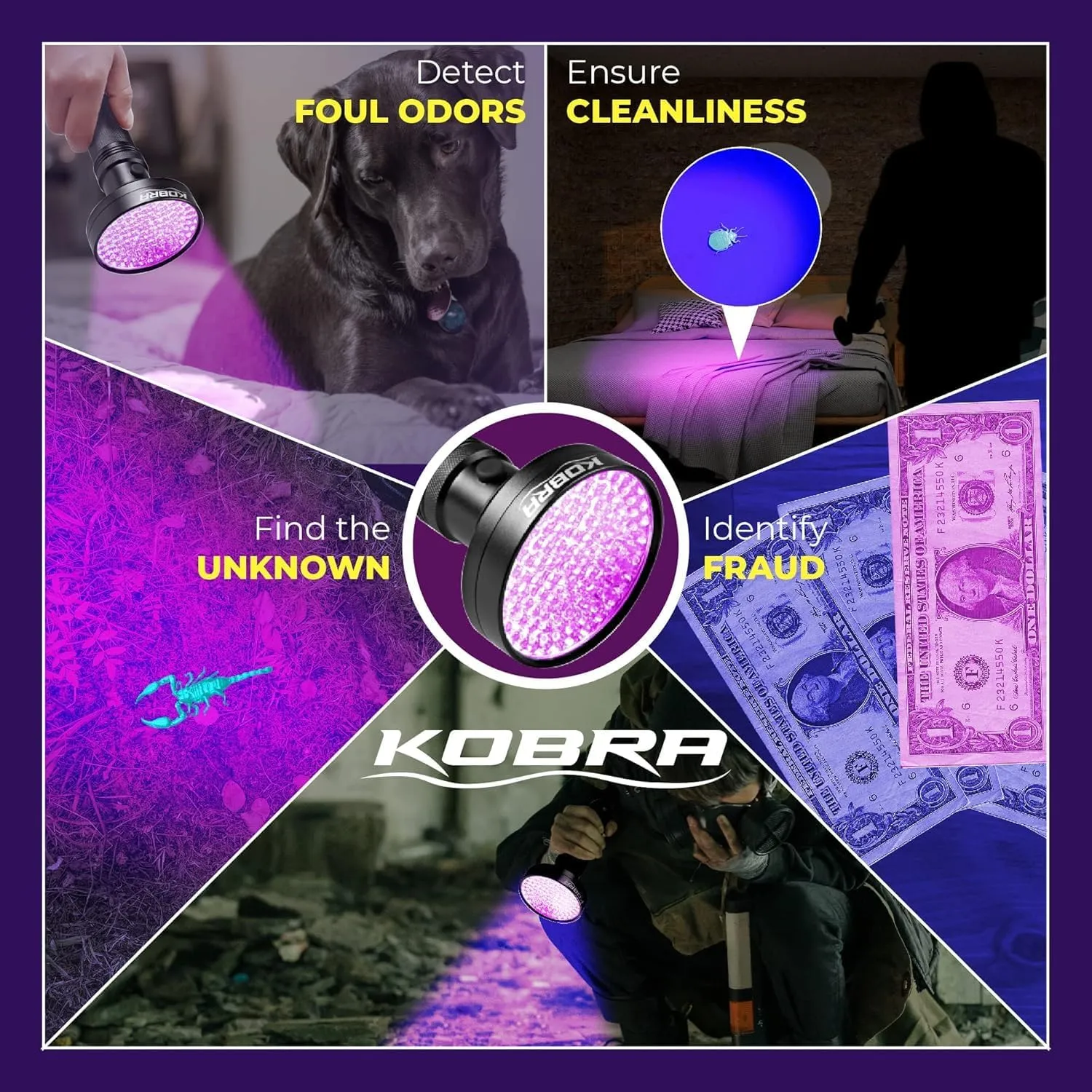 Kobra UV Black Light Flashlight - 100 LED Portable UV Light & Black Light for Pet Urine Detection - Home or Hotel Bed Bugs, Leaks & Counterfeit Money Inspection - 18W, 390-395mm (Yellow)