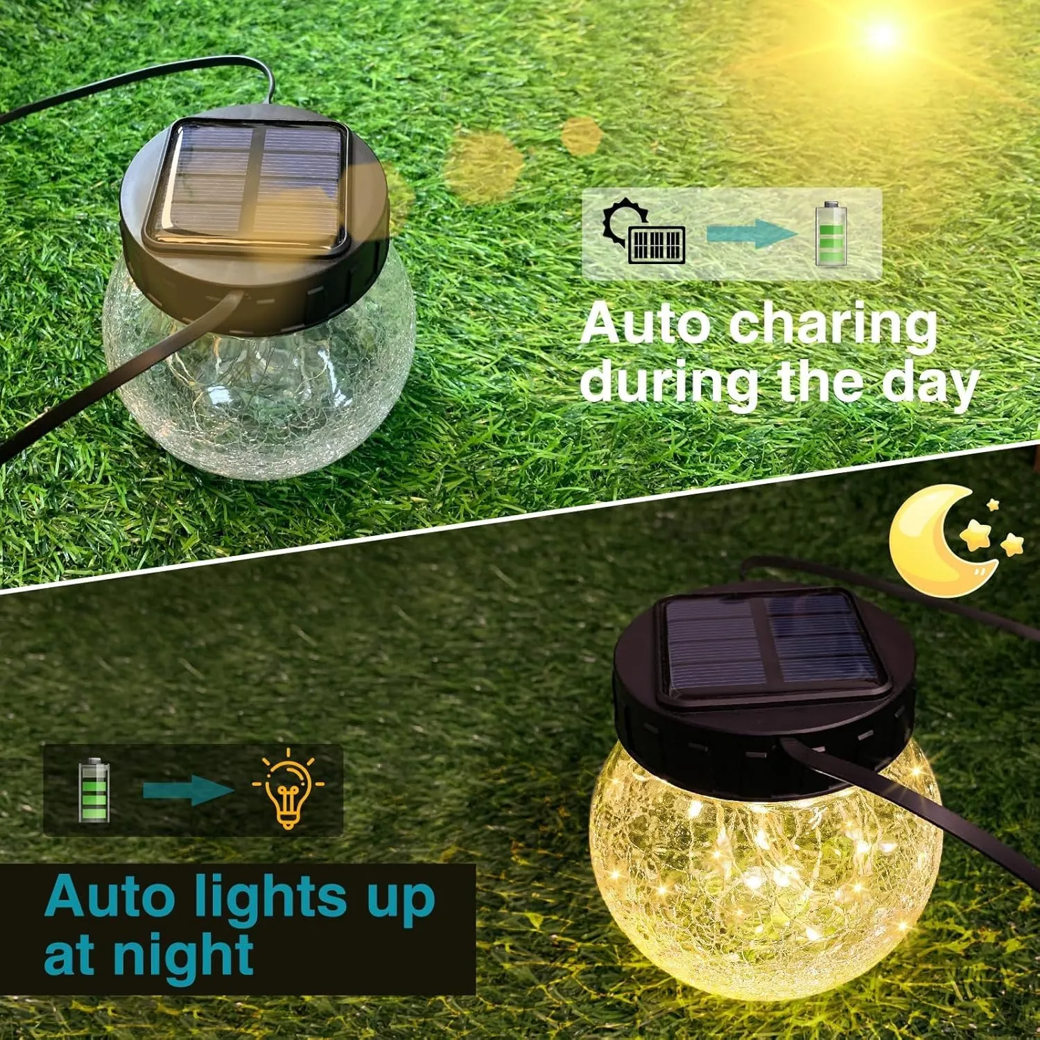 Kolpop Solar Lanterns Outdoor Waterproof 6 Pack, Hanging Solar Lights with 30 LED, Cracked Glass Hanging Globes for Garden Patio Fence Yard Christmas Tree Decoration