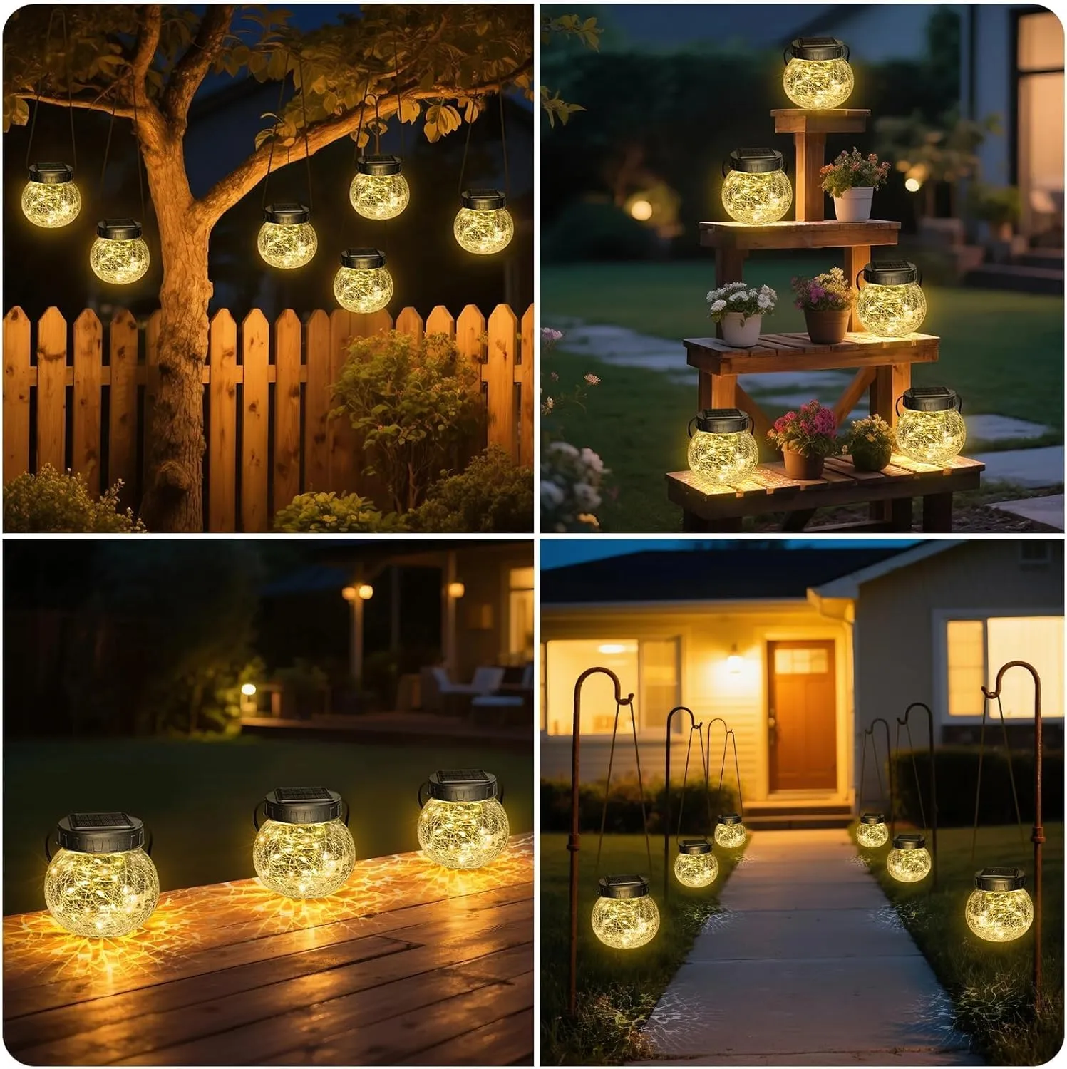 Kolpop Solar Lanterns Outdoor Waterproof 6 Pack, Hanging Solar Lights with 30 LED, Cracked Glass Hanging Globes for Garden Patio Fence Yard Christmas Tree Decoration