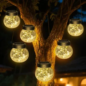 Kolpop Solar Lanterns Outdoor Waterproof 6 Pack, Hanging Solar Lights with 30 LED, Cracked Glass Hanging Globes for Garden Patio Fence Yard Christmas Tree Decoration