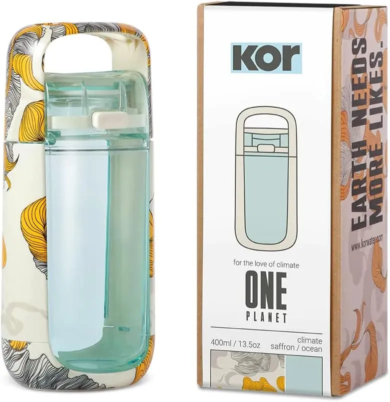 KOR One Planet 13.5oz Tritan Water Bottle with Lid Safety Lock, One Click Open Cap and Ergonomic Carry Handle - Features Unique Water-Dipped Designs Inspired by Nature