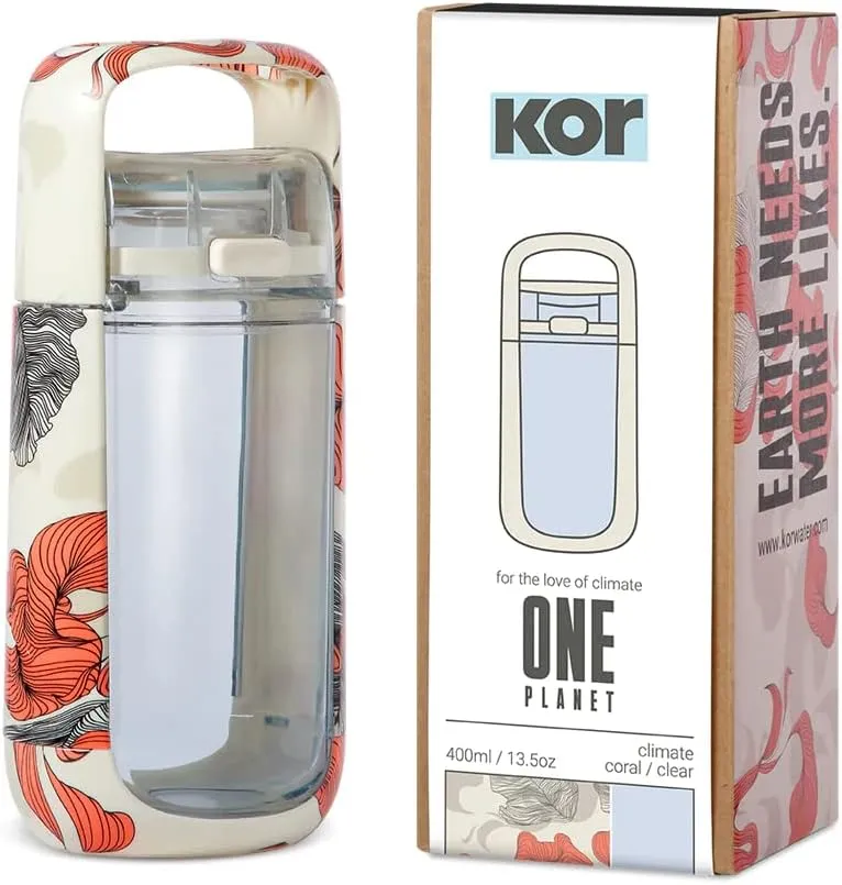 KOR One Planet 13.5oz Tritan Water Bottle with Lid Safety Lock, One Click Open Cap and Ergonomic Carry Handle - Features Unique Water-Dipped Designs Inspired by Nature