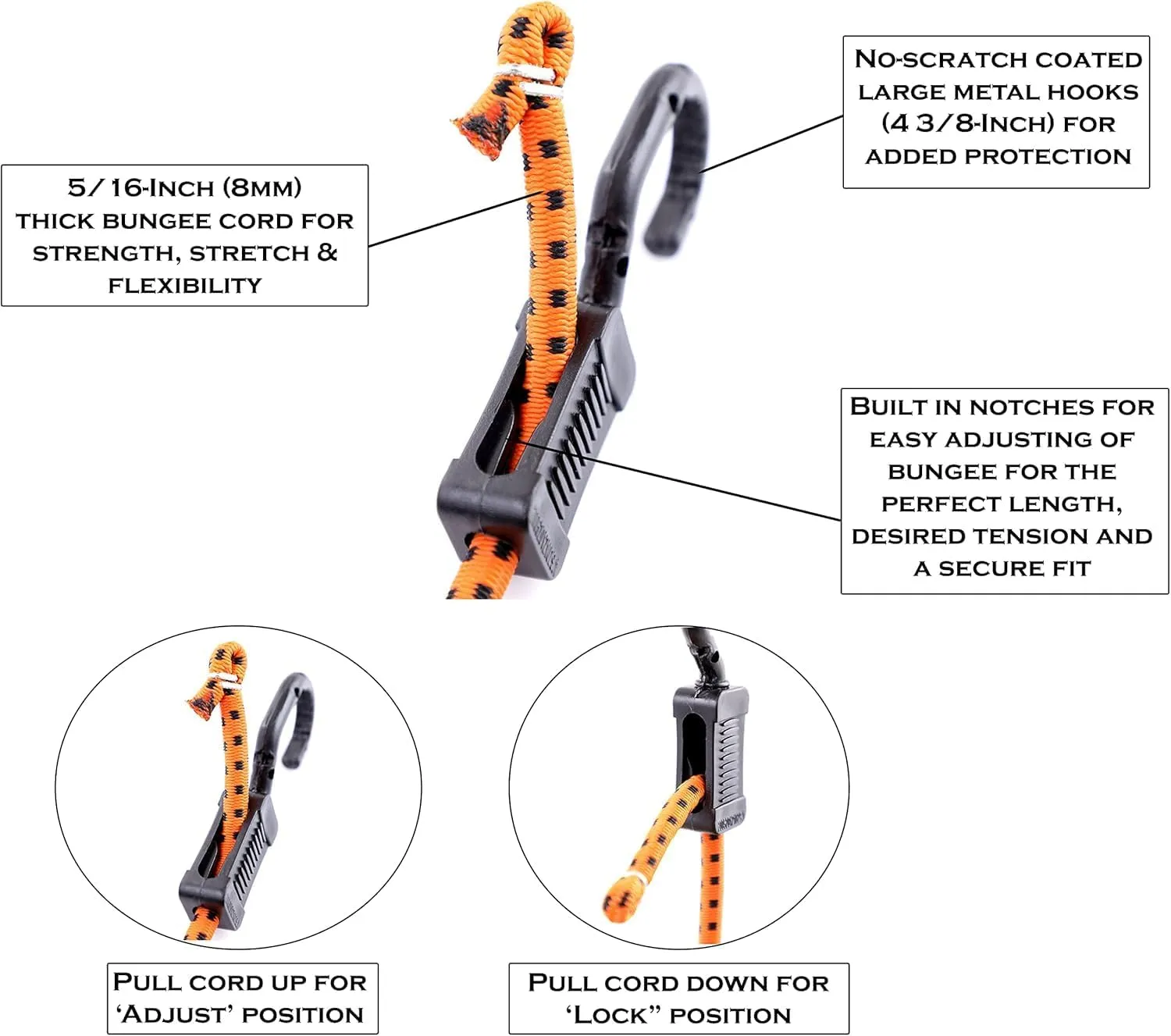 Kotap MABC-ASMT All- Purpose Adjustable Bungee Cords with Hooks, Assorted, Orange/Black, 10 Count