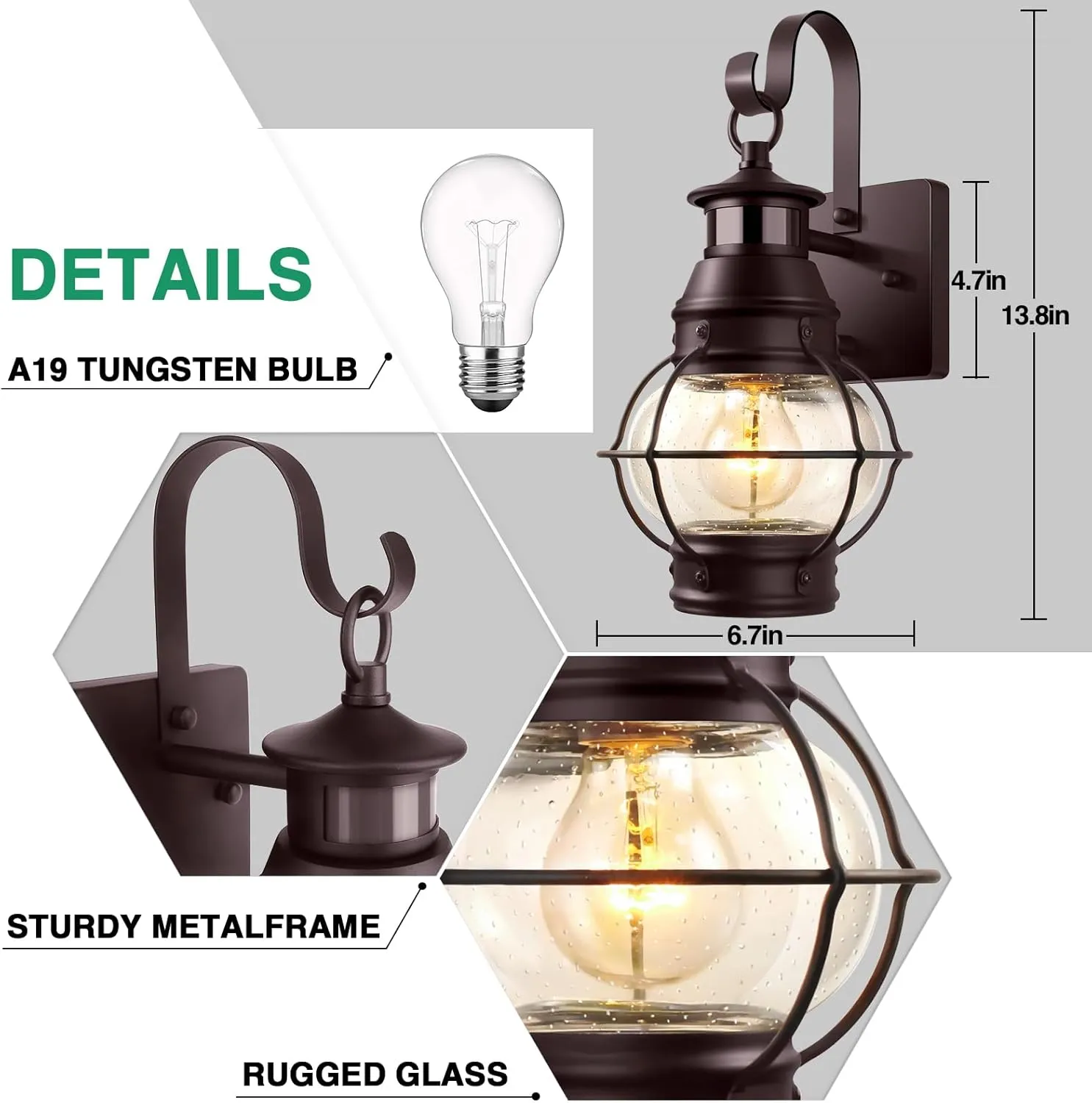Lamomo Bronze Outdoor Light,Exterior Front Porch Lights for House,Dusk to Dawn Motion Sensor Lights,Waterproof Anti-Rust Wall Mount Lantern for Outside,Garage(NO Bulb)