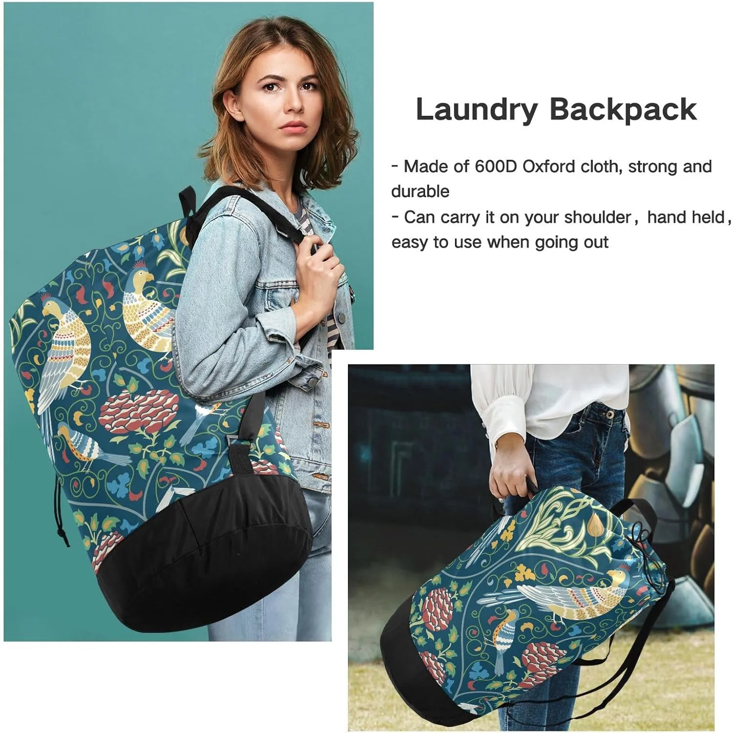 Laundry Bag Backpack,Travel Laundry Bags with Shoulder Straps Oxford Large Hanging Laundry Hamper Bag for College,Laundromat,Apartment Bird