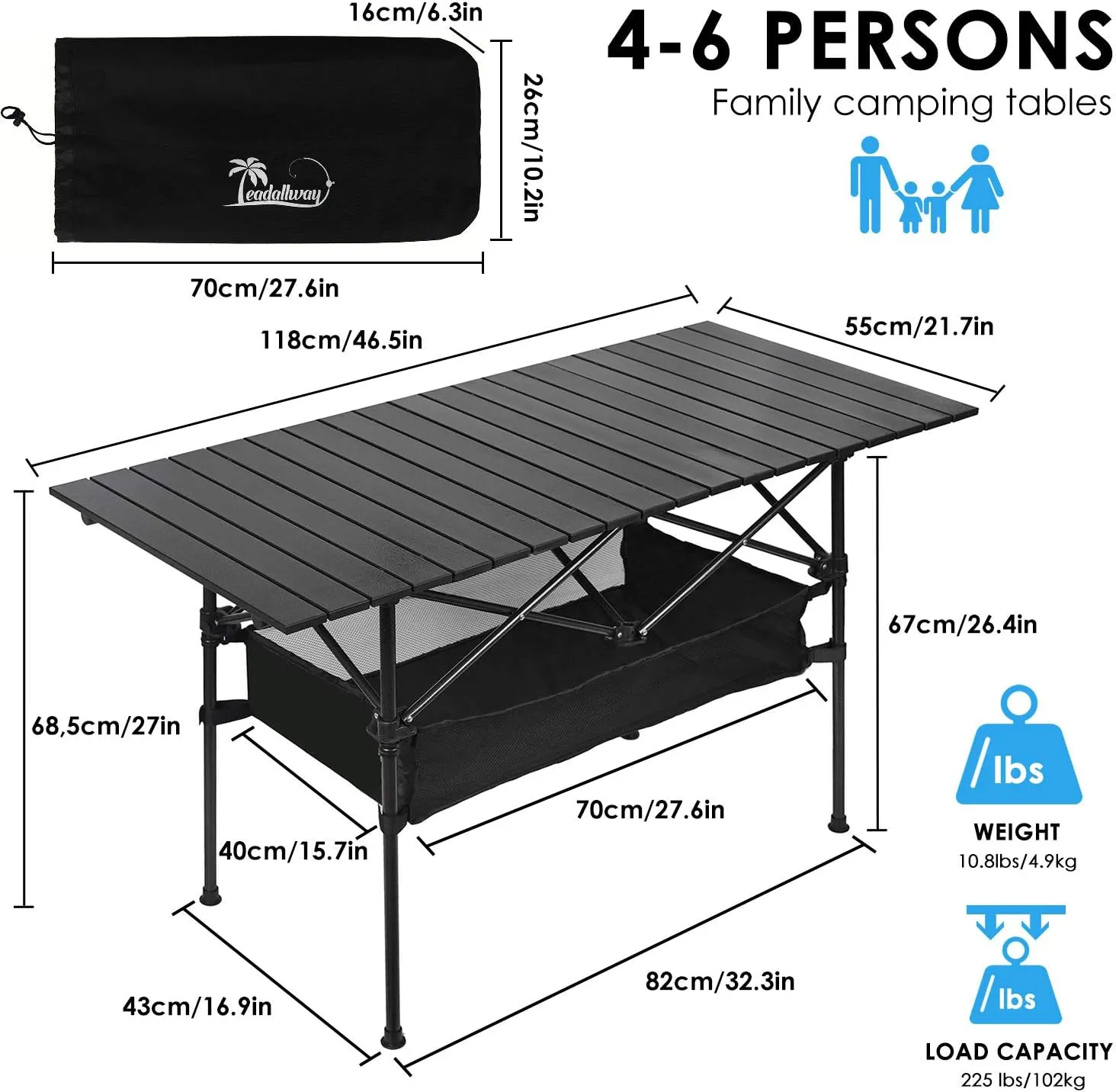 LEADALLWAY Folding Camping Table with Large Storage and Carrying Bags 47(L) x22(W)