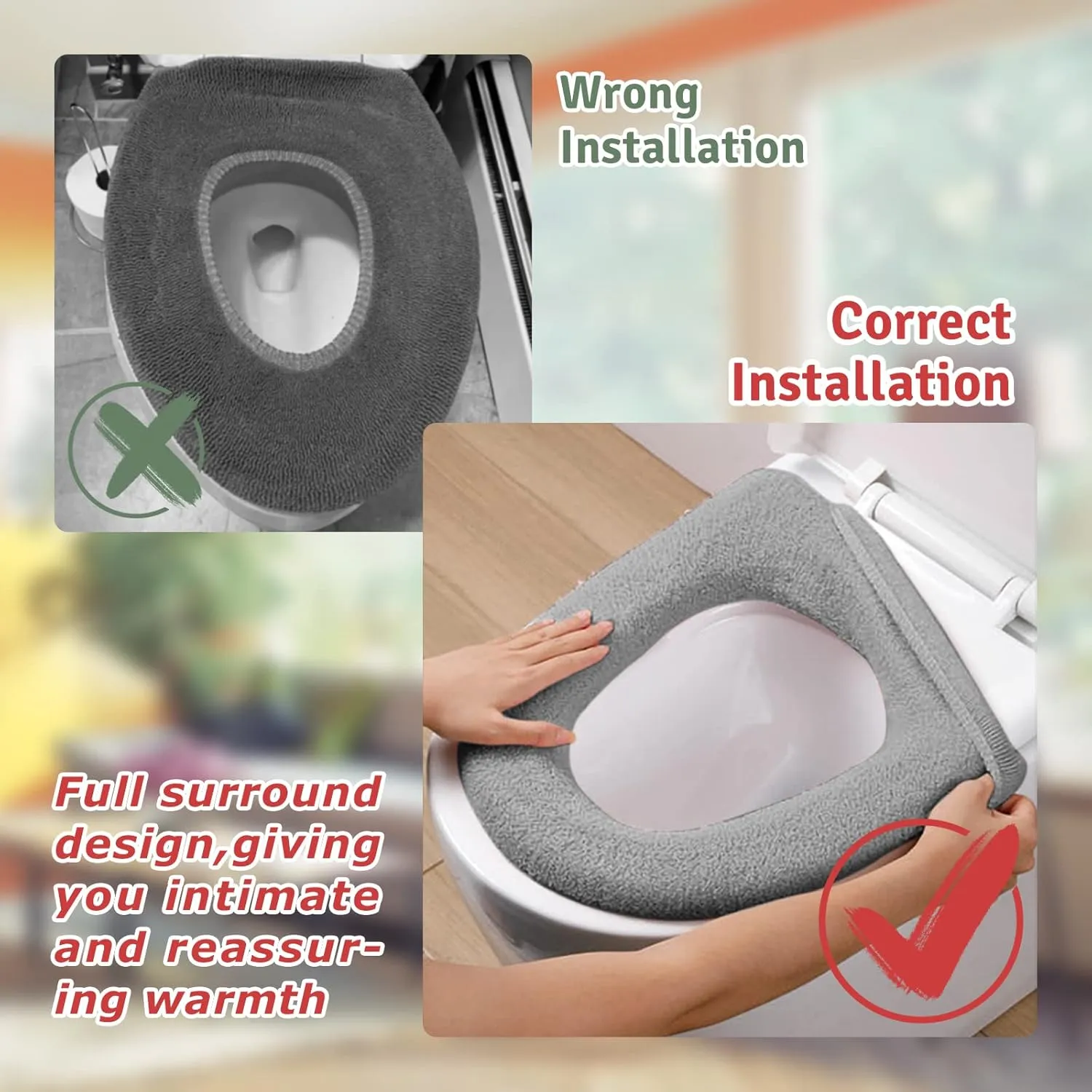 Legigo 5 Pack Thicker Bathroom Toilet Seat Cover Pads- Soft Warmer Toilet Seat Cushion Cover Stretchable Washable Fiber Cloth, Easy Installation Comfortable Toilet Lid Seat Cover(Knit Elongated Gray)