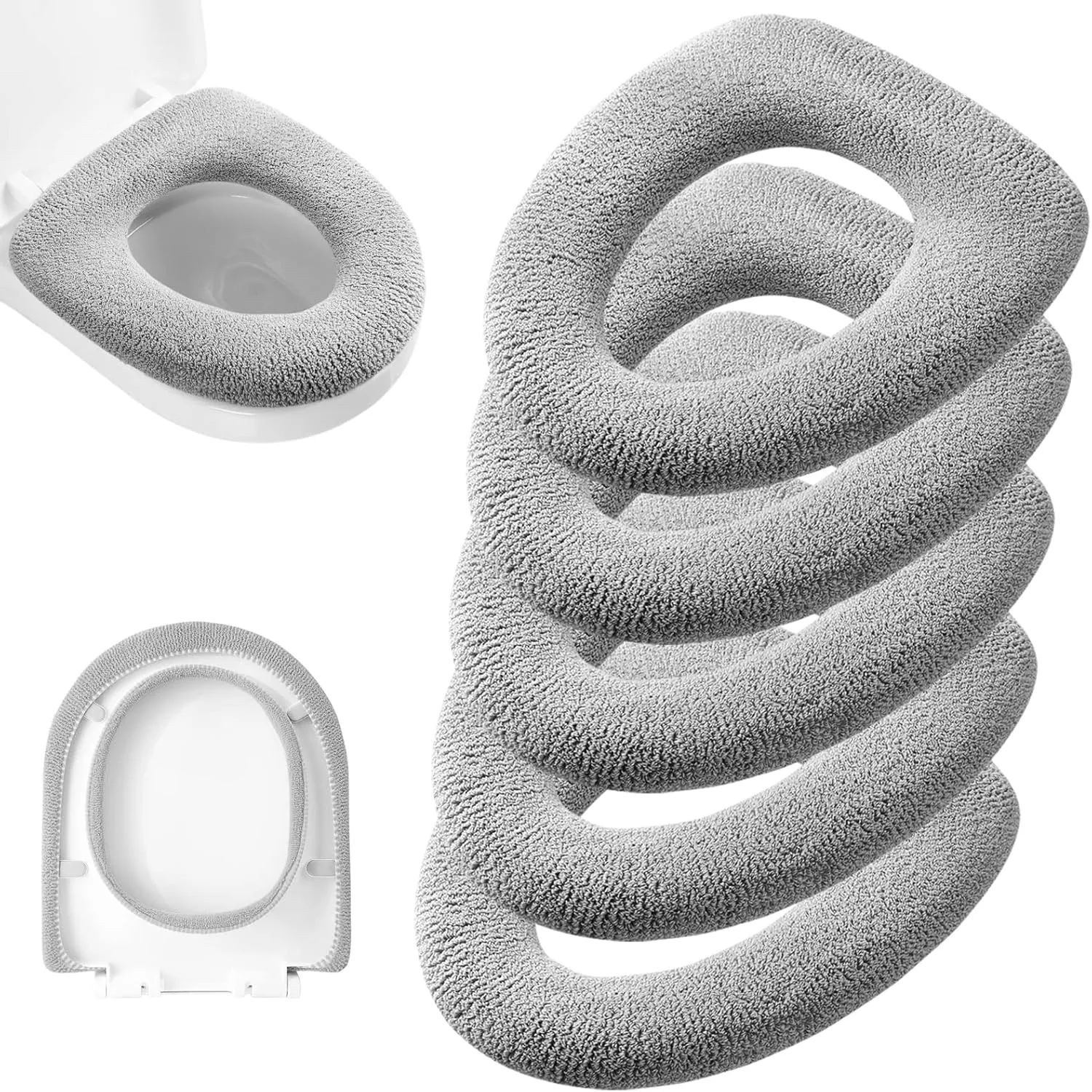 Legigo 5 Pack Thicker Bathroom Toilet Seat Cover Pads- Soft Warmer Toilet Seat Cushion Cover Stretchable Washable Fiber Cloth, Easy Installation Comfortable Toilet Lid Seat Cover(Knit Elongated Gray)