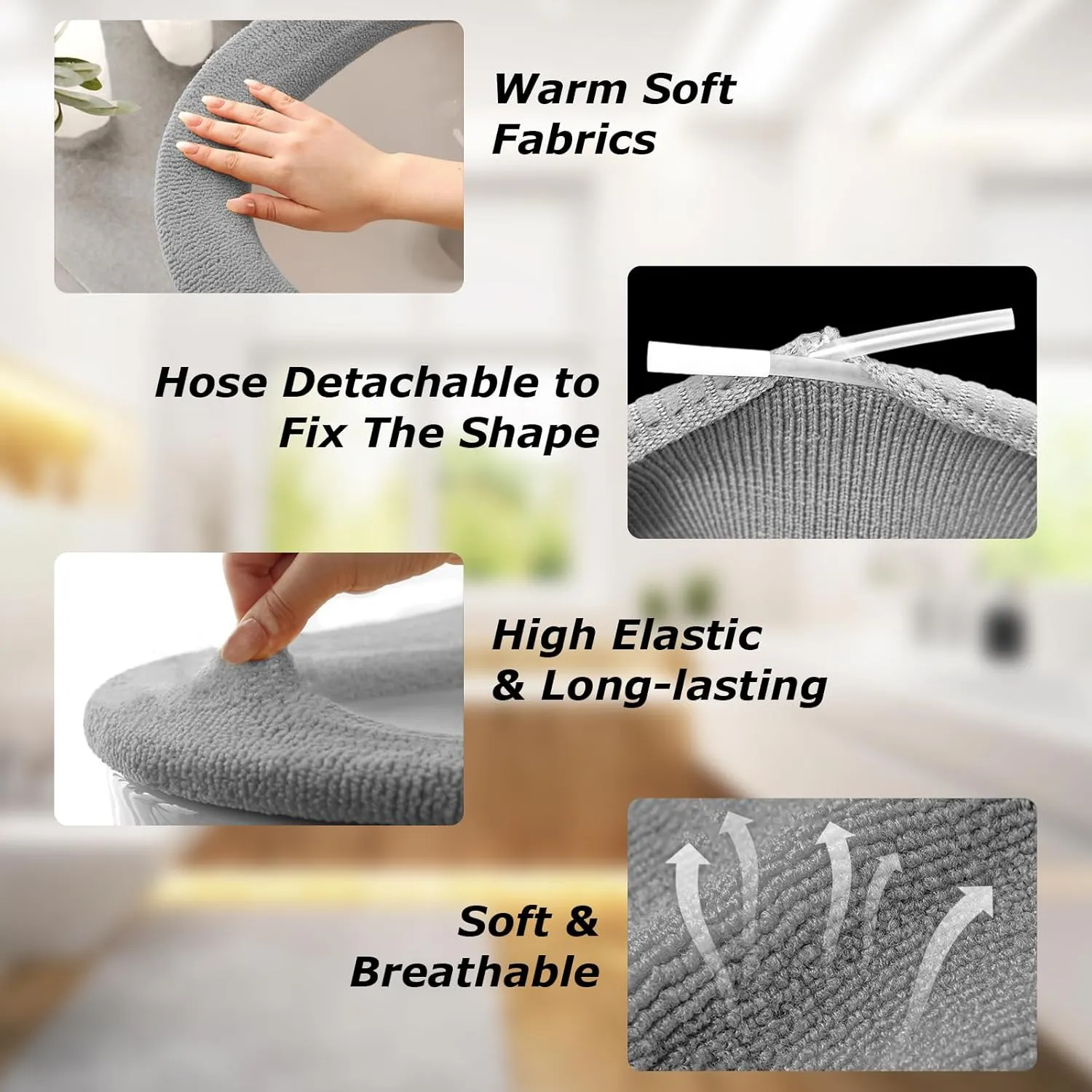 Legigo 5 Pack Thicker Bathroom Toilet Seat Cover Pads- Soft Warmer Toilet Seat Cushion Cover Stretchable Washable Fiber Cloth, Easy Installation Comfortable Toilet Lid Seat Cover(Knit Elongated Gray)