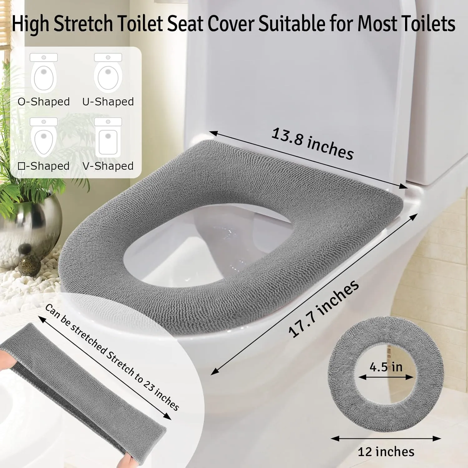 Legigo 5 Pack Thicker Bathroom Toilet Seat Cover Pads- Soft Warmer Toilet Seat Cushion Cover Stretchable Washable Fiber Cloth, Easy Installation Comfortable Toilet Lid Seat Cover(Knit Elongated Gray)