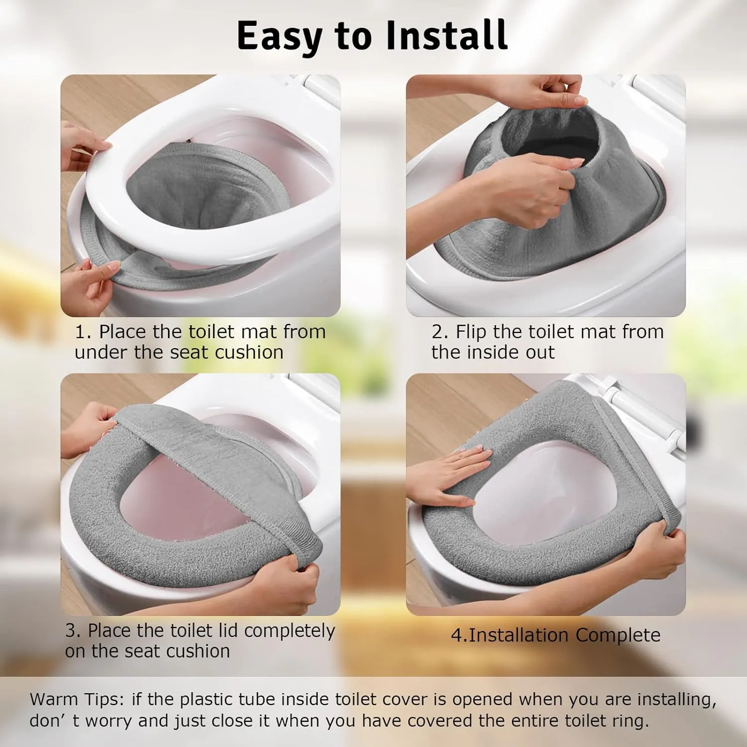 Legigo 5 Pack Thicker Bathroom Toilet Seat Cover Pads- Soft Warmer Toilet Seat Cushion Cover Stretchable Washable Fiber Cloth, Easy Installation Comfortable Toilet Lid Seat Cover(Knit Elongated Gray)