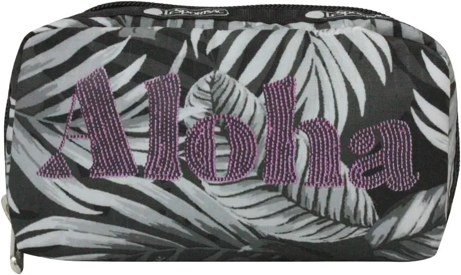 LeSportsac Aloha Twilight Hawaii Rectangular Cosmetic Bag Style 6511/Color K834, HAWAII EXCLUSIVE, ‘Aloha’ Printed in Purple/Pink Oversized Letters, Black, White & Grey Tropical Palm Fronds