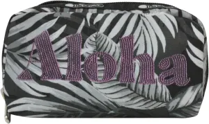 LeSportsac Aloha Twilight Hawaii Rectangular Cosmetic Bag Style 6511/Color K834, HAWAII EXCLUSIVE, ‘Aloha’ Printed in Purple/Pink Oversized Letters, Black, White & Grey Tropical Palm Fronds
