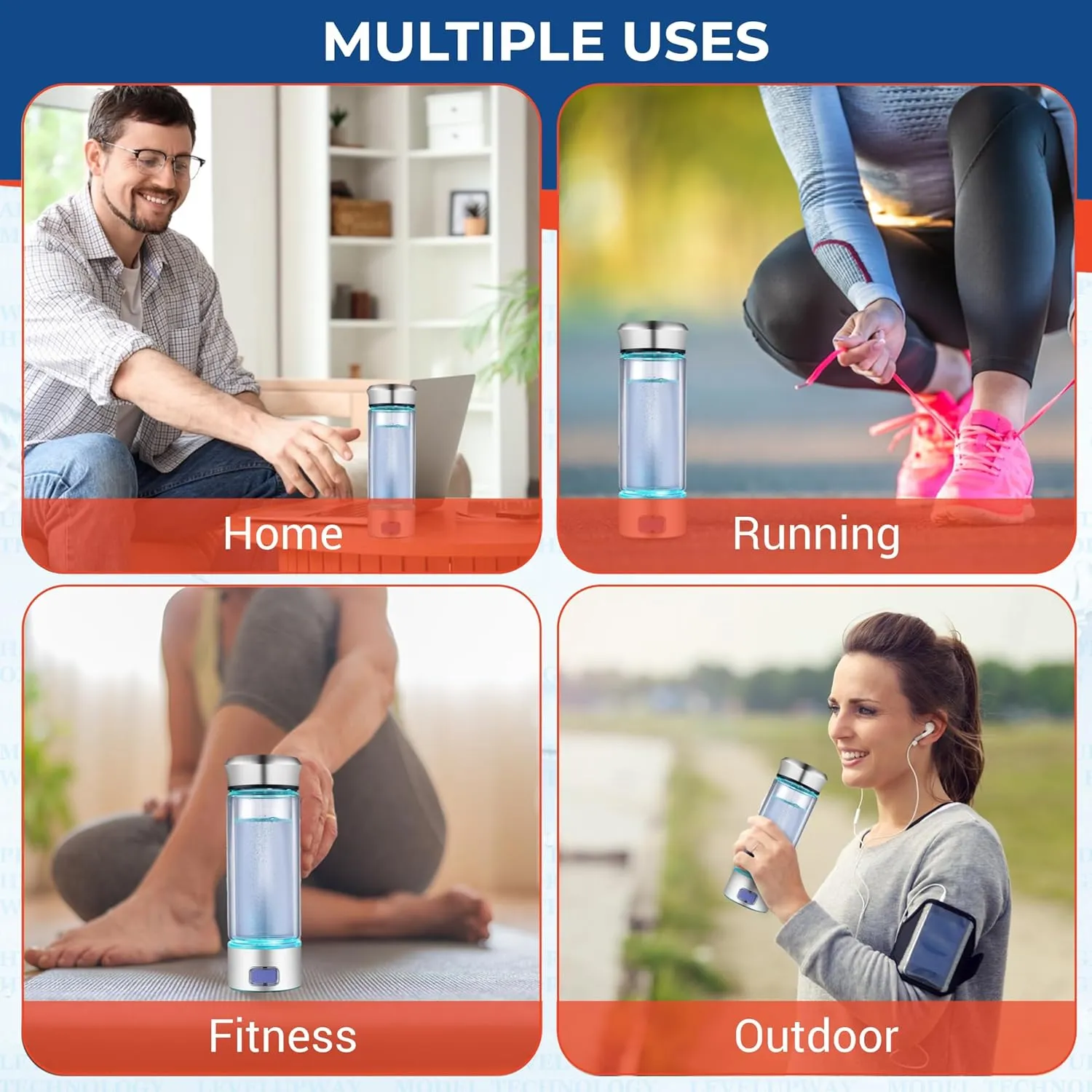LevelUpWay - Hydrogen Generator Water Bottle SPE PEM Technology Water Ionizer (Borosilicate Glass, Silver)