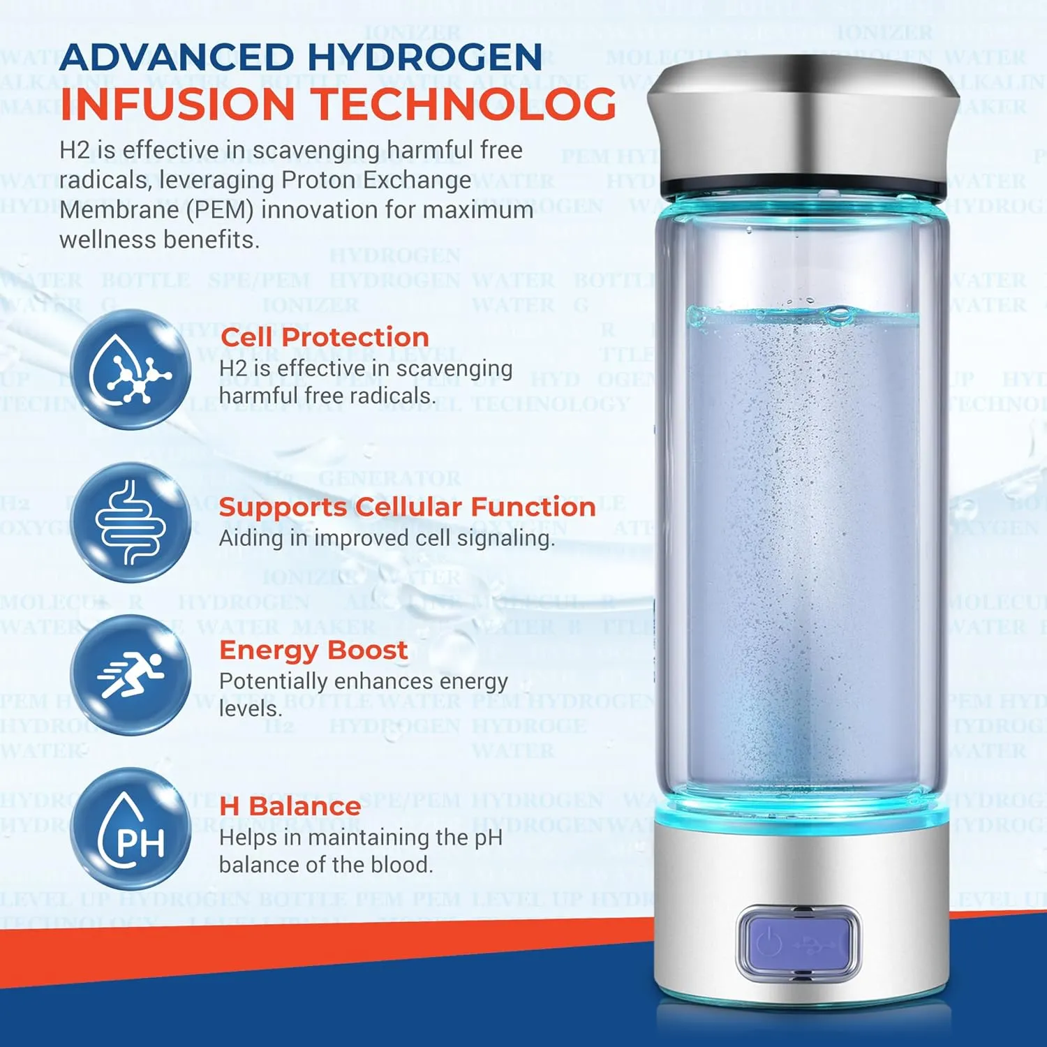 LevelUpWay - Hydrogen Generator Water Bottle SPE PEM Technology Water Ionizer (Borosilicate Glass, Silver)