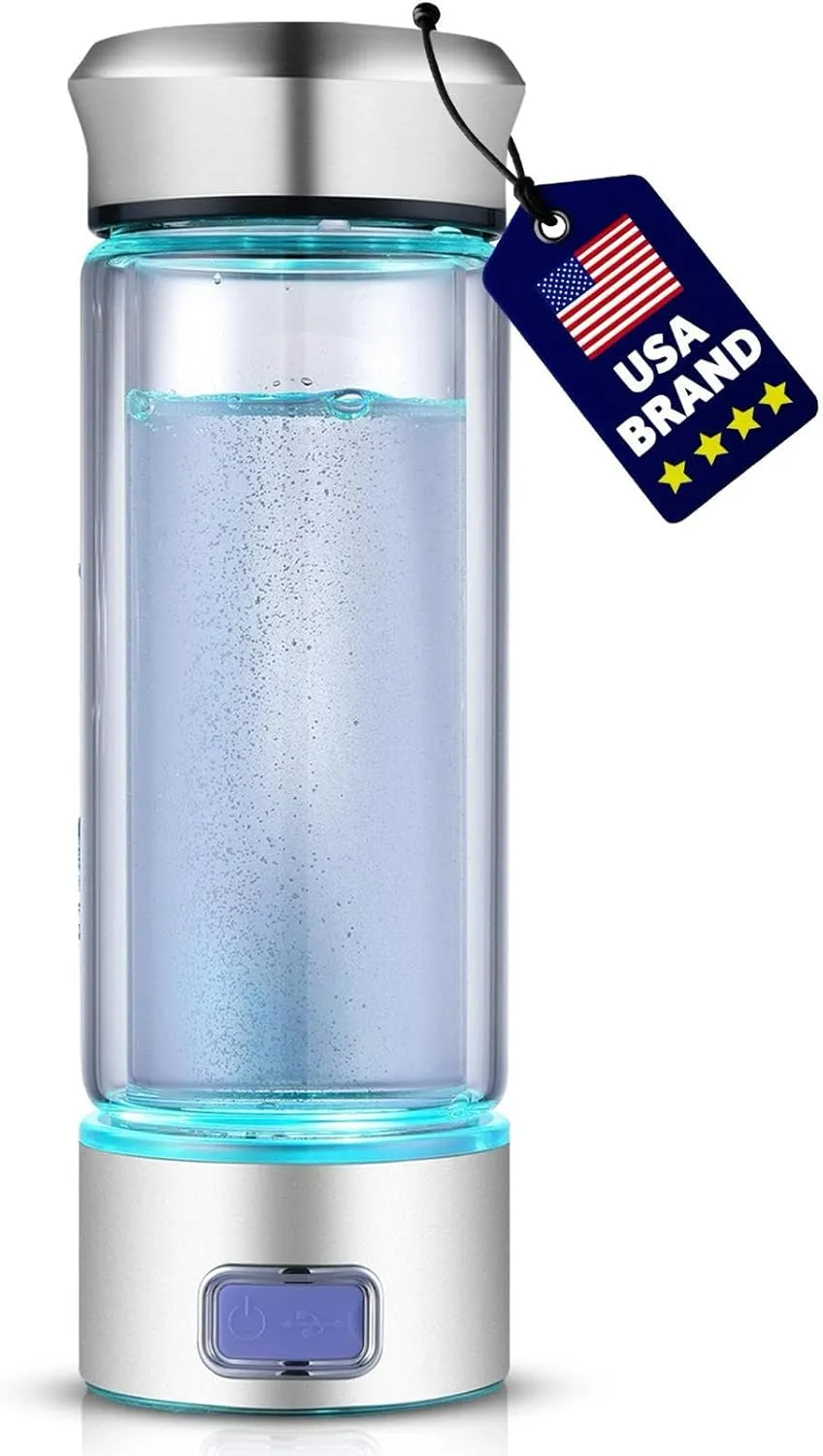 LevelUpWay - Hydrogen Generator Water Bottle SPE PEM Technology Water Ionizer (Borosilicate Glass, Silver)