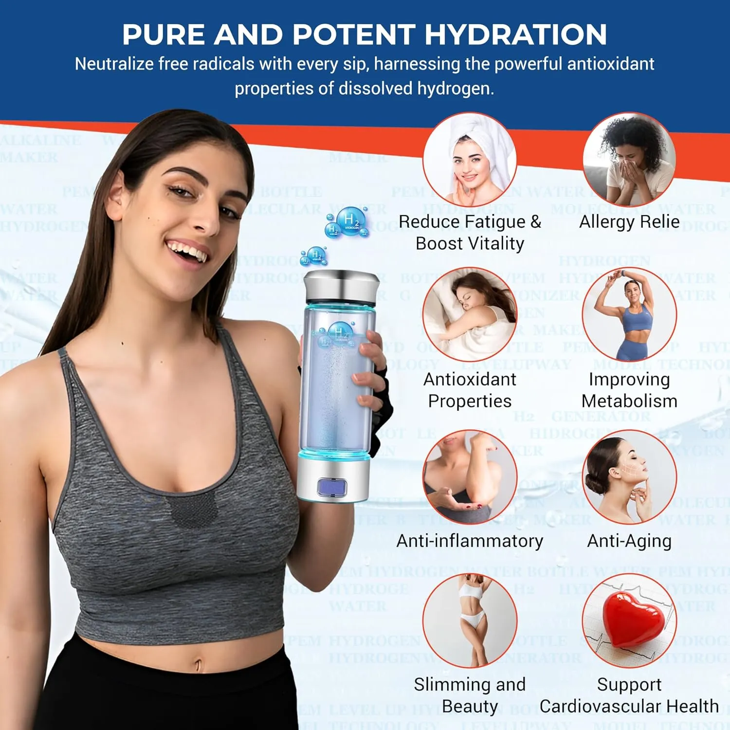 LevelUpWay - Hydrogen Generator Water Bottle SPE PEM Technology Water Ionizer (Borosilicate Glass, Silver)