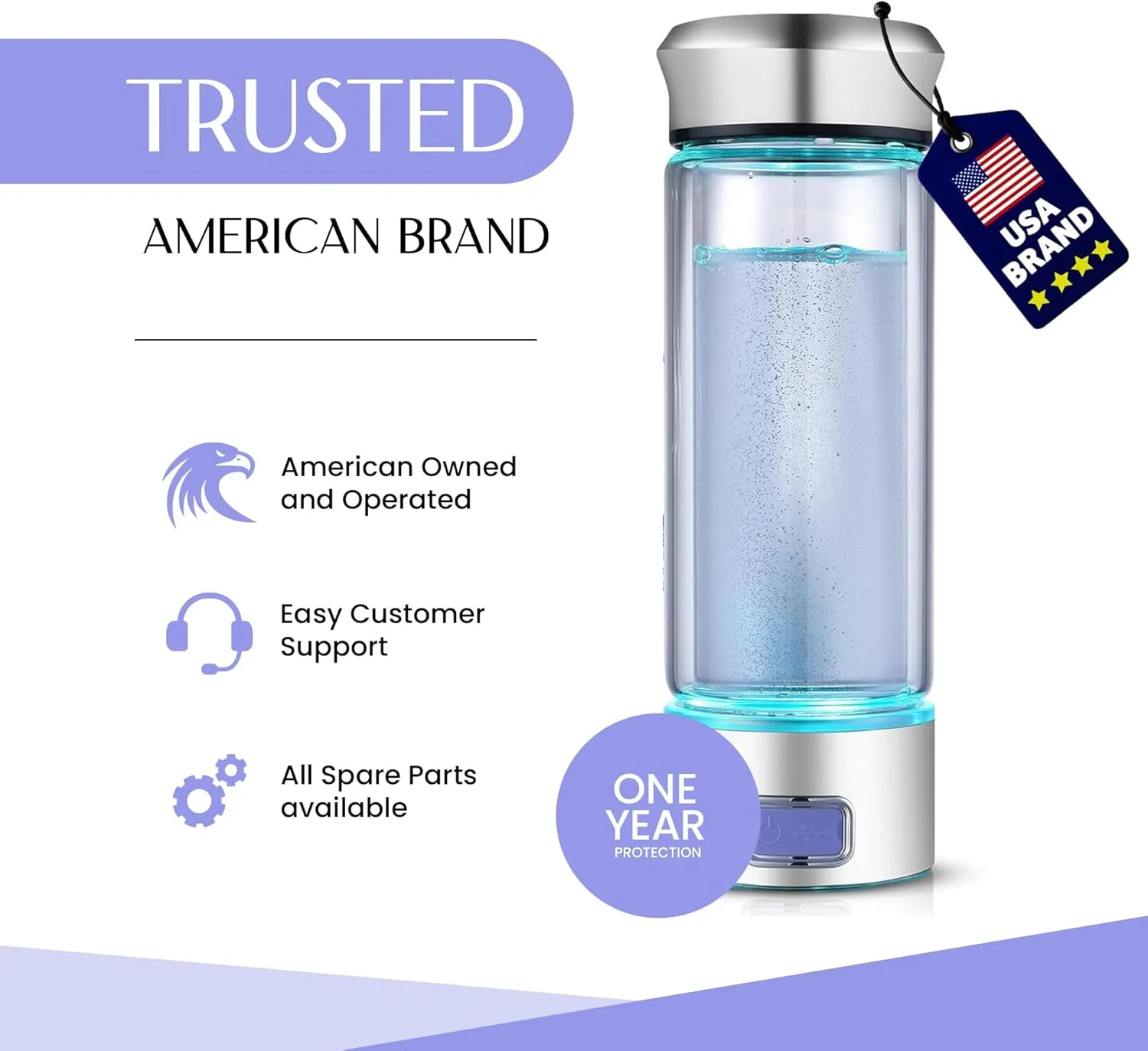 LevelUpWay - Hydrogen Generator Water Bottle SPE PEM Technology Water Ionizer (Borosilicate Glass, Silver)