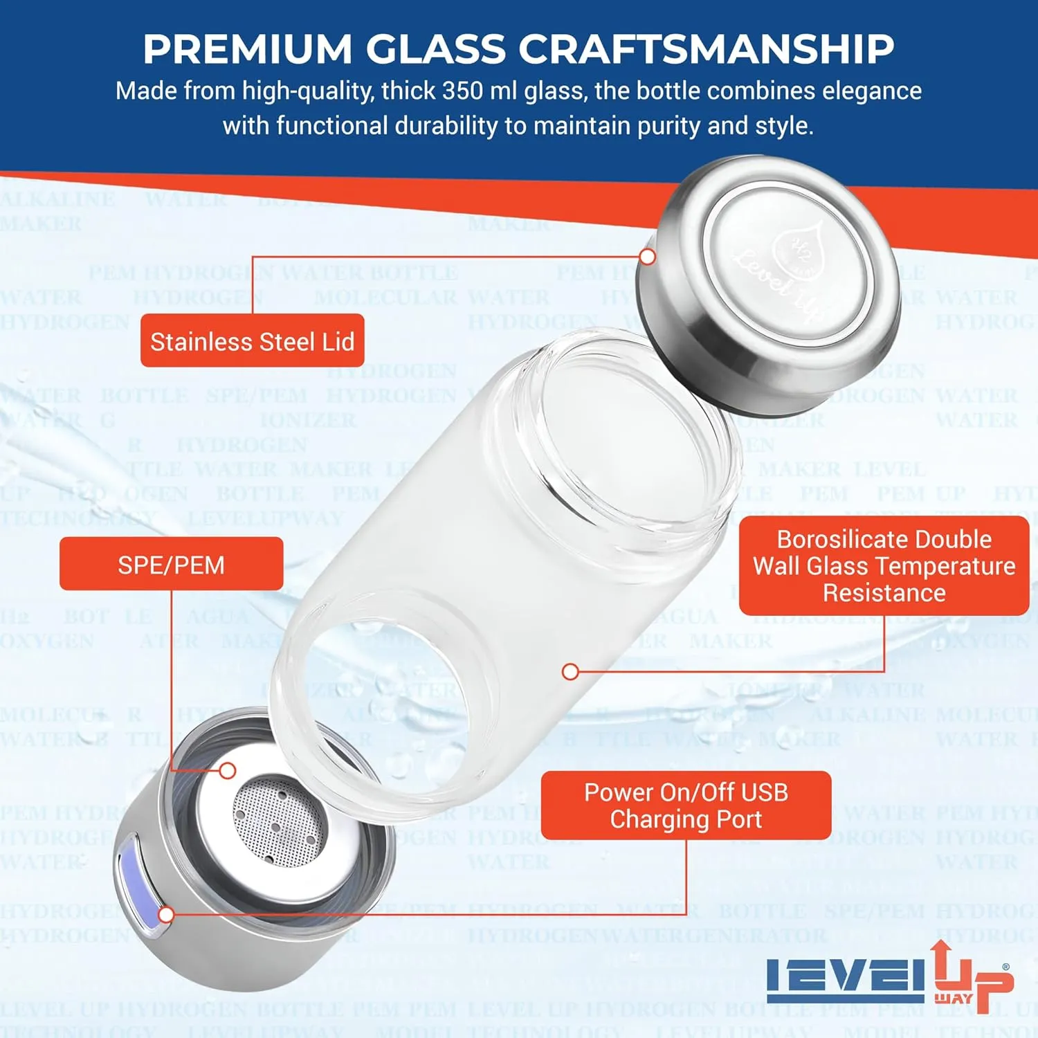 LevelUpWay - Hydrogen Generator Water Bottle SPE PEM Technology Water Ionizer (Borosilicate Glass, Silver)