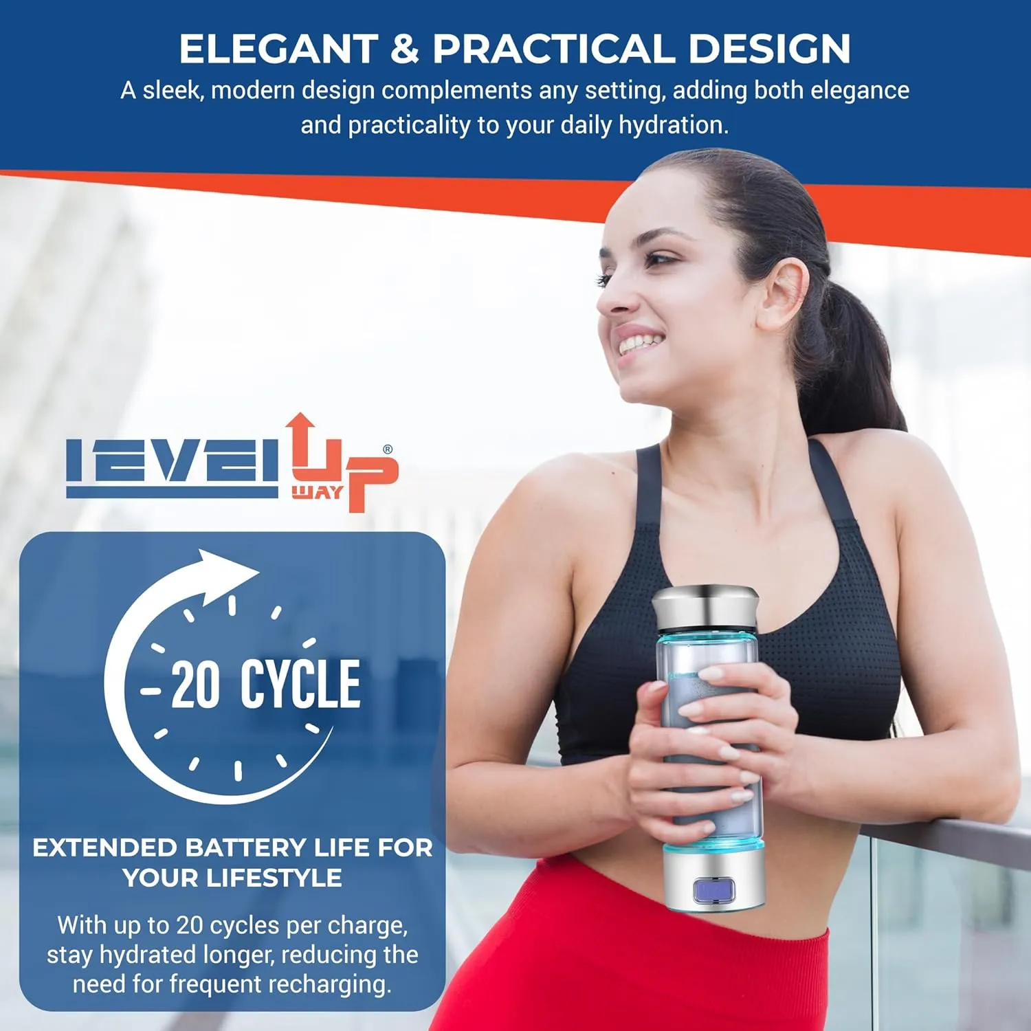 LevelUpWay - Hydrogen Generator Water Bottle SPE PEM Technology Water Ionizer (Borosilicate Glass, Silver)