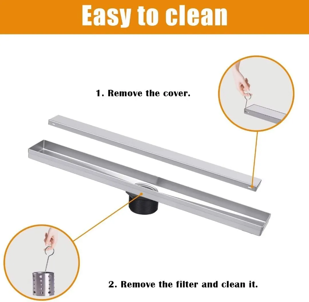 Linear-Shower-Drain, Silver-Floor-Drain 16 Inch 304 Stainless Steel Bathroom Drains Kit, Invisible Rectangular Drain with Filter Bag, Adjustable Leveling Feet.
