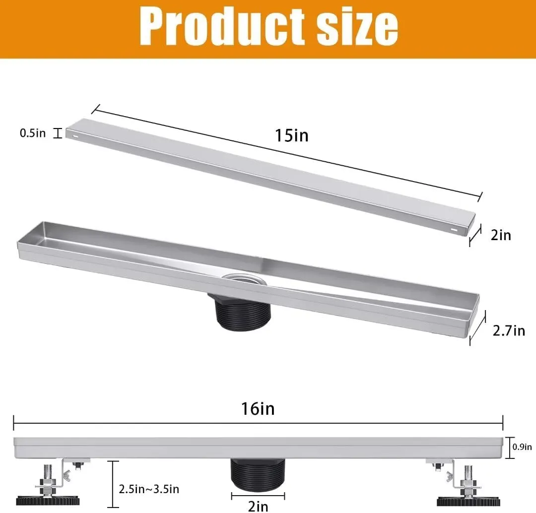 Linear-Shower-Drain, Silver-Floor-Drain 16 Inch 304 Stainless Steel Bathroom Drains Kit, Invisible Rectangular Drain with Filter Bag, Adjustable Leveling Feet.