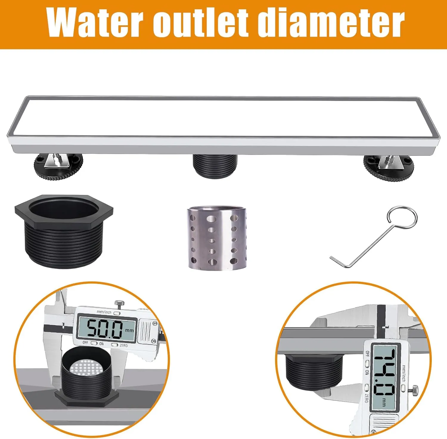 Linear-Shower-Drain, Silver-Floor-Drain 16 Inch 304 Stainless Steel Bathroom Drains Kit, Invisible Rectangular Drain with Filter Bag, Adjustable Leveling Feet.