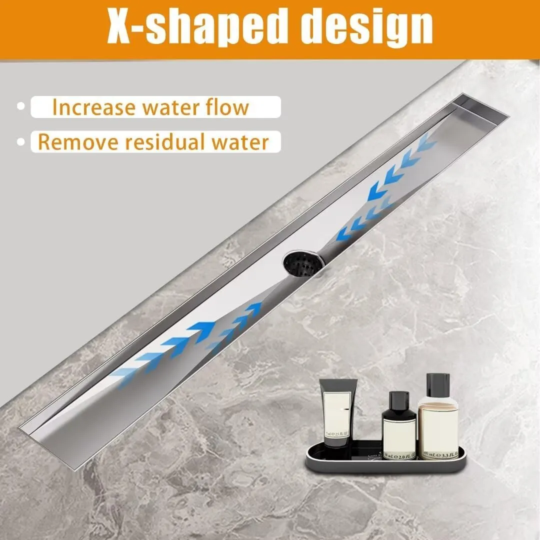 Linear-Shower-Drain, Silver-Floor-Drain 16 Inch 304 Stainless Steel Bathroom Drains Kit, Invisible Rectangular Drain with Filter Bag, Adjustable Leveling Feet.