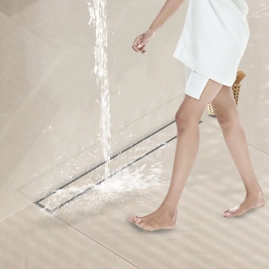 Linear-Shower-Drain, Silver-Floor-Drain 16 Inch 304 Stainless Steel Bathroom Drains Kit, Invisible Rectangular Drain with Filter Bag, Adjustable Leveling Feet.