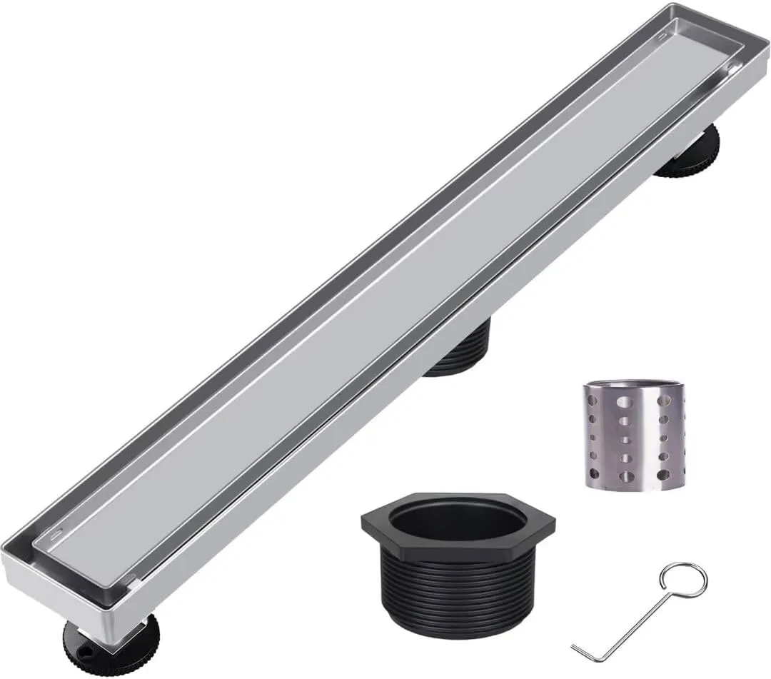 Linear-Shower-Drain, Silver-Floor-Drain 16 Inch 304 Stainless Steel Bathroom Drains Kit, Invisible Rectangular Drain with Filter Bag, Adjustable Leveling Feet.