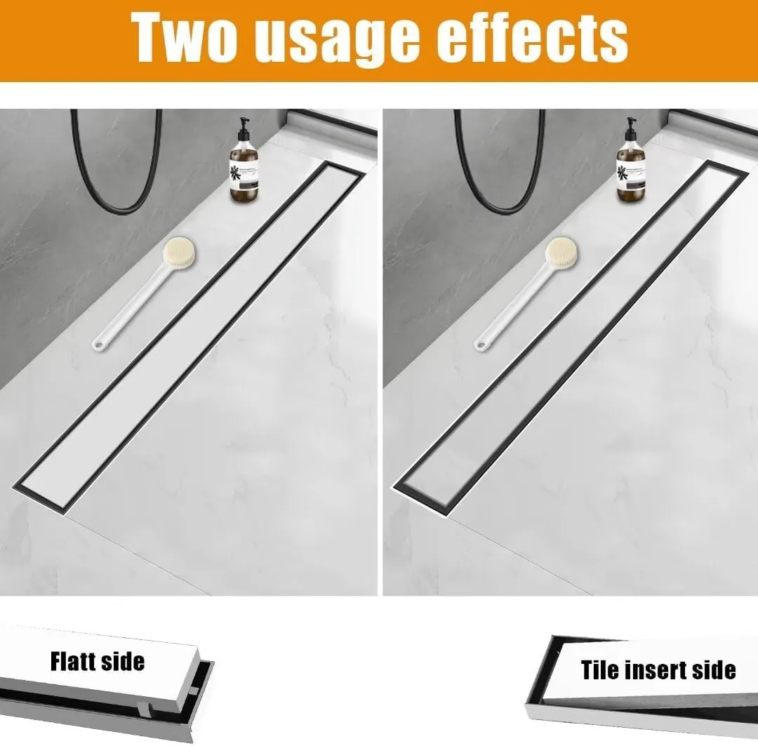 Linear-Shower-Drain, Silver-Floor-Drain 16 Inch 304 Stainless Steel Bathroom Drains Kit, Invisible Rectangular Drain with Filter Bag, Adjustable Leveling Feet.