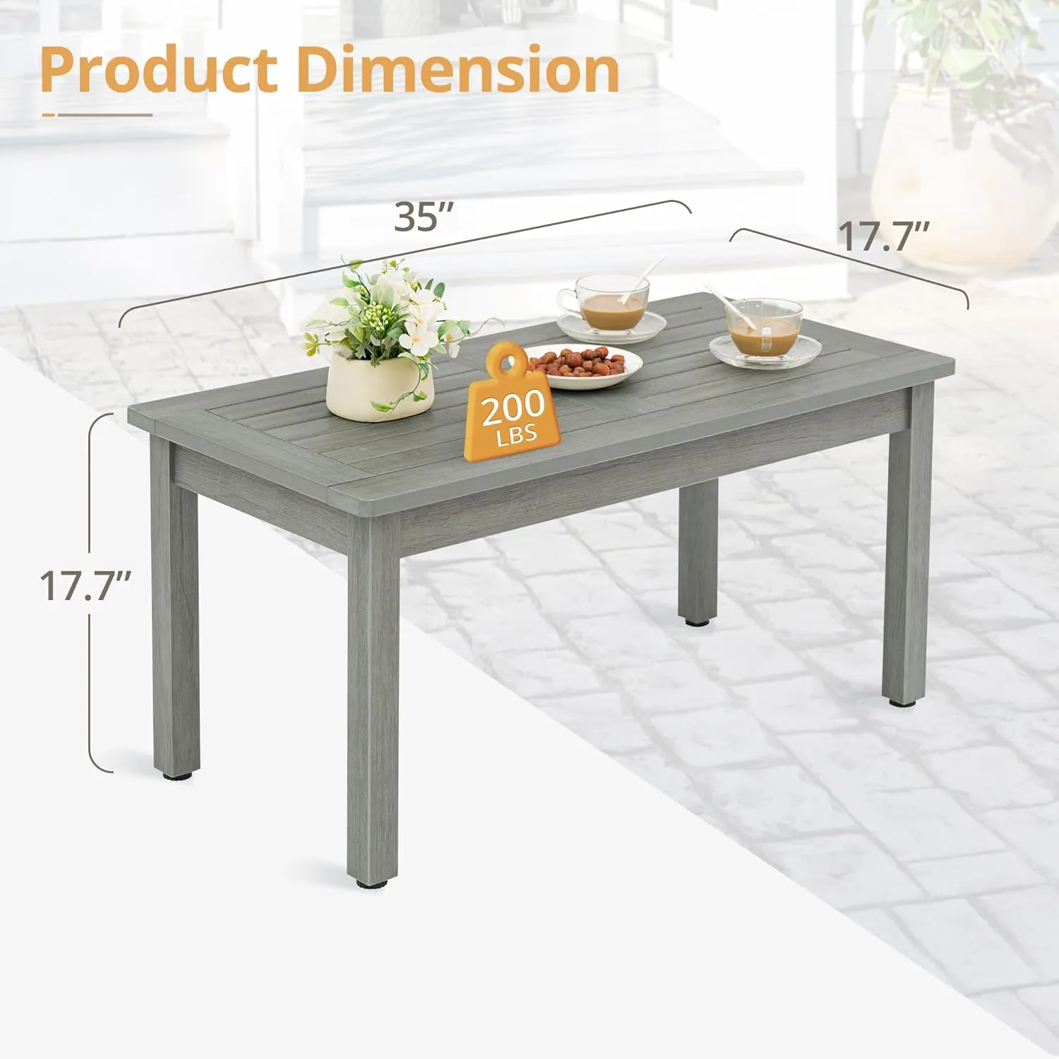 LUE BONA Outdoor Coffee Table Rectangle, HDPS Patio Coffee Tables for Outside, All Weather Patio Coffee Table with Slatted Tabletop for Deck, Garden, Balcony, Indoor or Outdoor Use, Light Gray