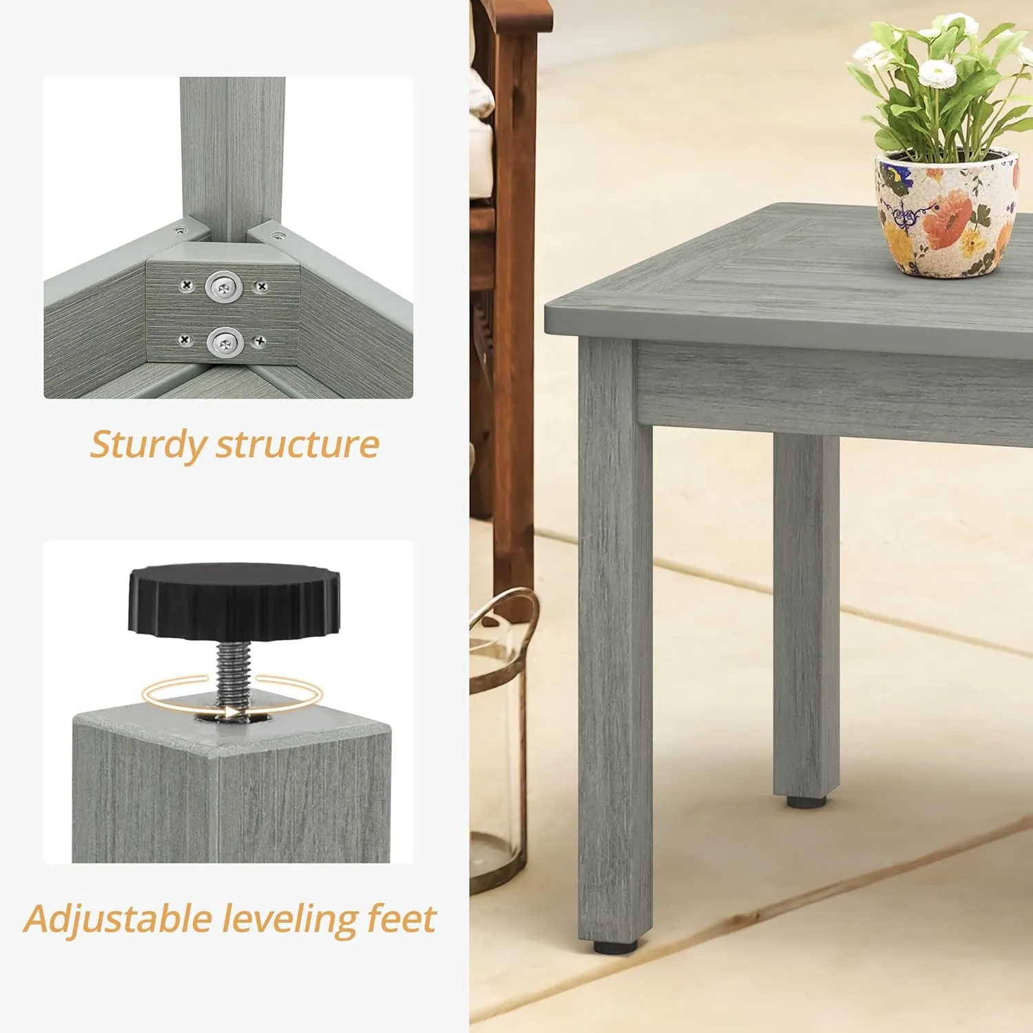 LUE BONA Outdoor Coffee Table Rectangle, HDPS Patio Coffee Tables for Outside, All Weather Patio Coffee Table with Slatted Tabletop for Deck, Garden, Balcony, Indoor or Outdoor Use, Light Gray