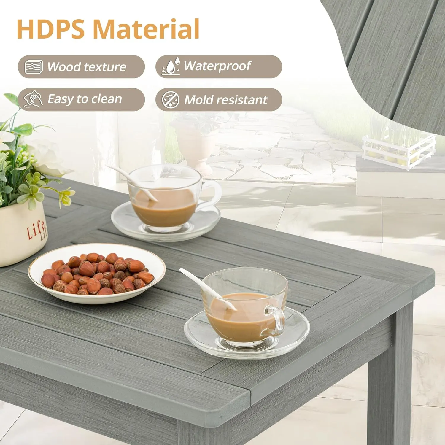 LUE BONA Outdoor Coffee Table Rectangle, HDPS Patio Coffee Tables for Outside, All Weather Patio Coffee Table with Slatted Tabletop for Deck, Garden, Balcony, Indoor or Outdoor Use, Light Gray
