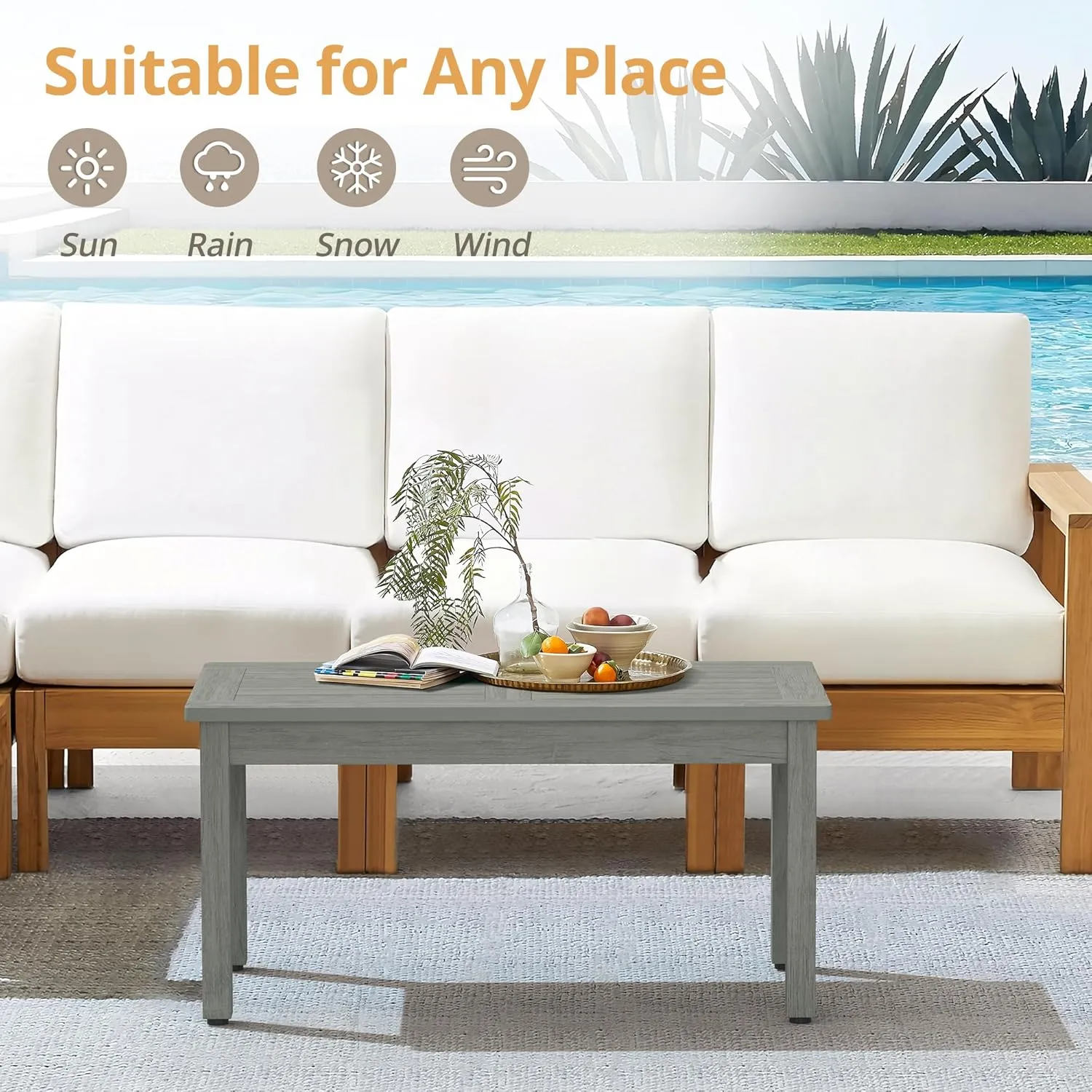 LUE BONA Outdoor Coffee Table Rectangle, HDPS Patio Coffee Tables for Outside, All Weather Patio Coffee Table with Slatted Tabletop for Deck, Garden, Balcony, Indoor or Outdoor Use, Light Gray