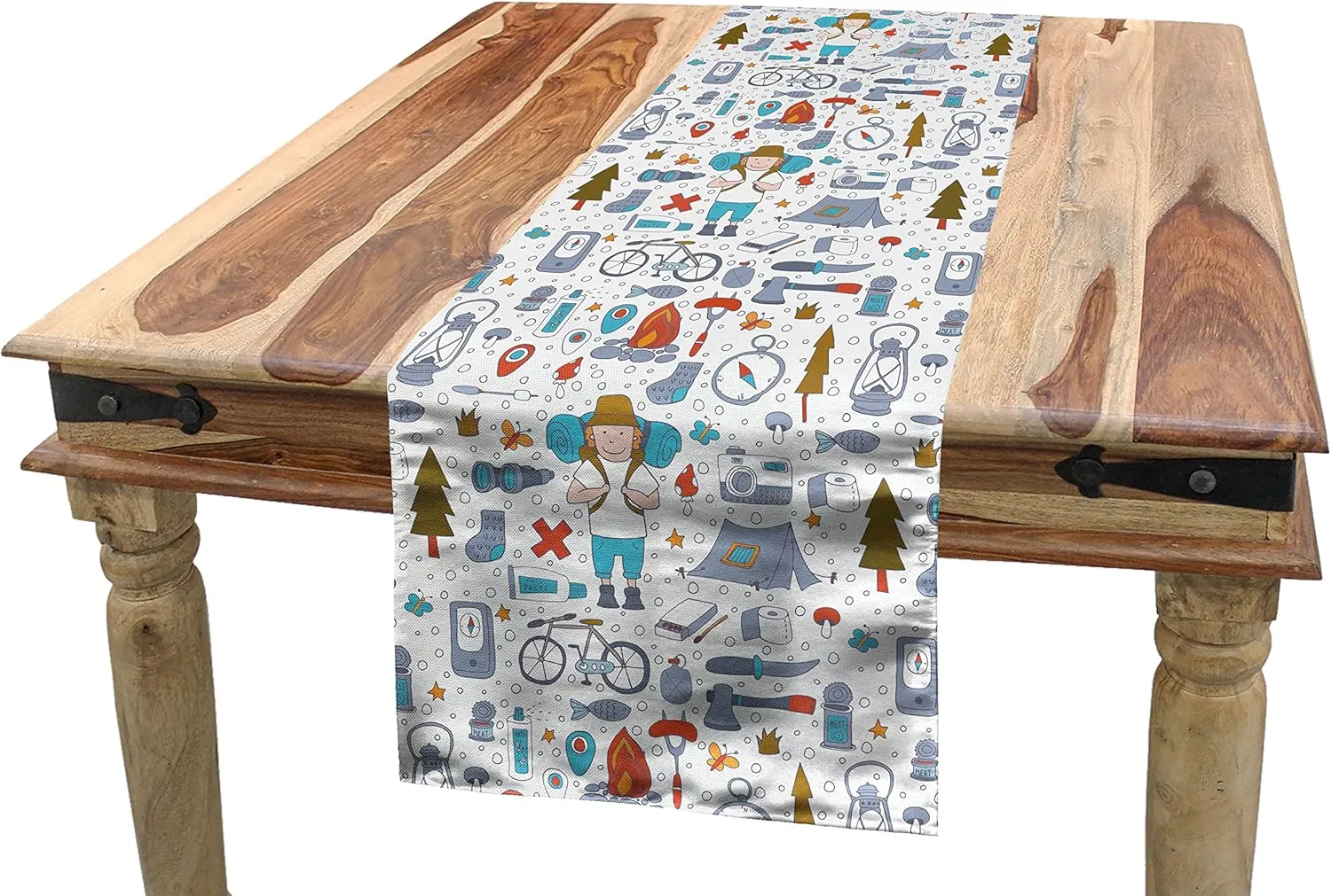 Lunarable Camping Table Runner, Spending Time in The Nature Pattern Wildlands Activities Trekker with Sleeping Bag, Dining Room Kitchen Rectangular Runner, 14" X 120", Multicolor