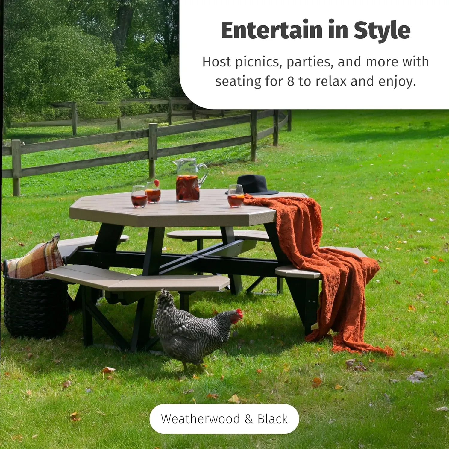 LuxCraft Poly Octagon Picnic Table - Outside Table for Adults & Kids, Seats 8, UV Resistant and Heavy Duty, Durable Outdoor Furniture, Amish Made in USA (Birch & White)