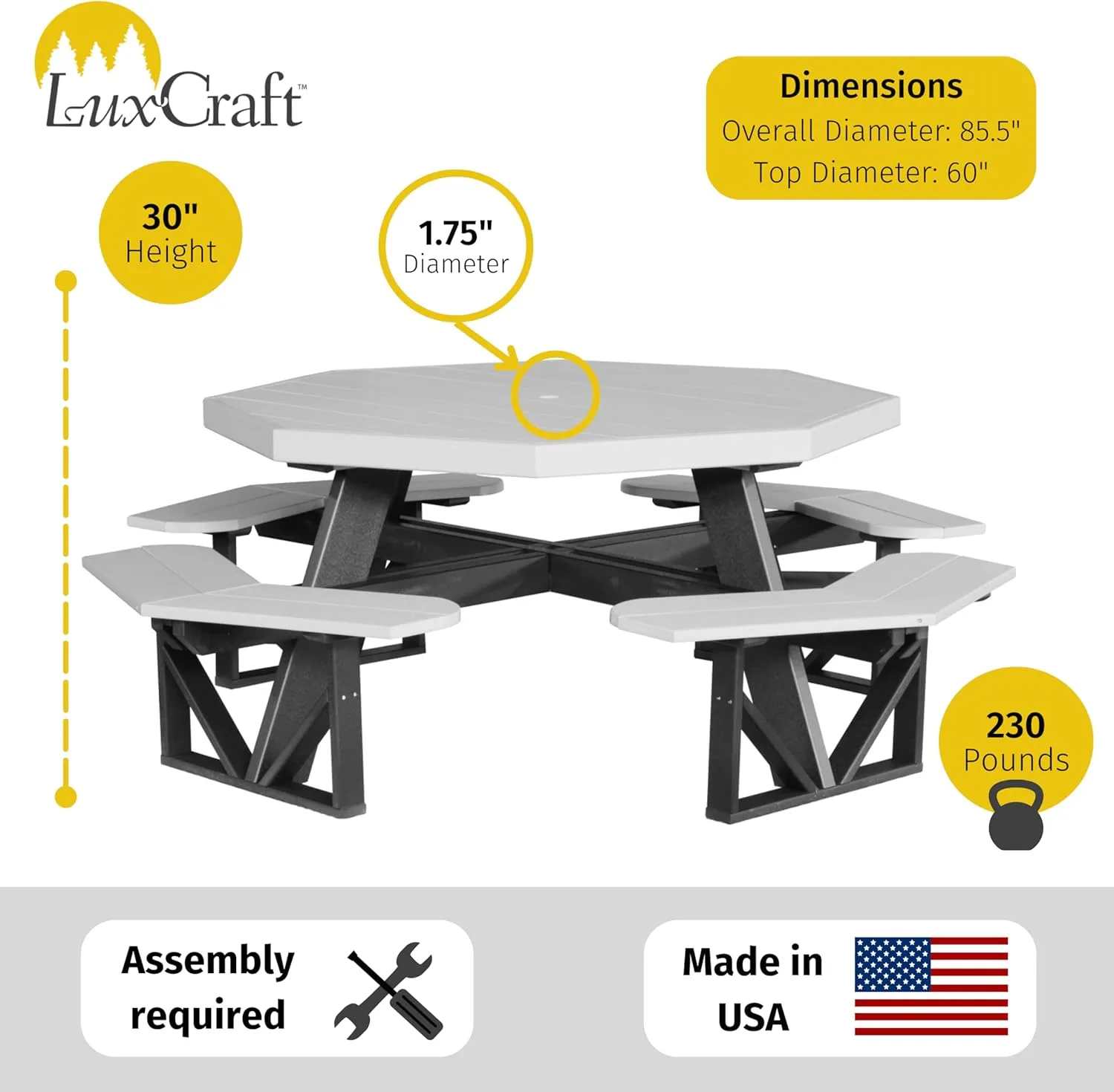 LuxCraft Poly Octagon Picnic Table - Outside Table for Adults & Kids, Seats 8, UV Resistant and Heavy Duty, Durable Outdoor Furniture, Amish Made in USA (Birch & White)