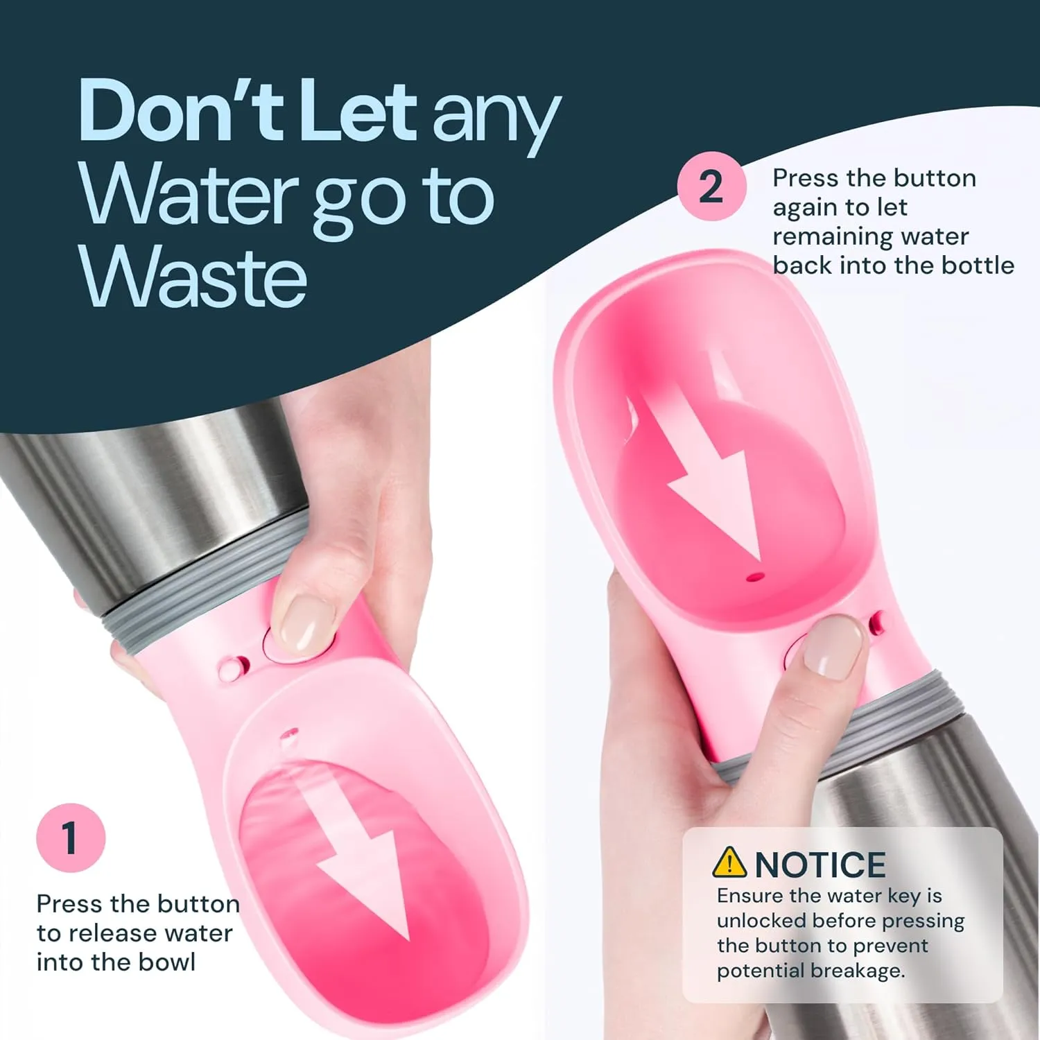 MalsiPree Leak Proof Stainless Steel Portable Dog Water Bottle - 24 oz, Pink Stainless Steel Water Bottles - Travel Dog Bowl - Puppy Bowl