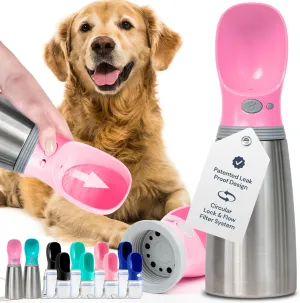 MalsiPree Leak Proof Stainless Steel Portable Dog Water Bottle - 24 oz, Pink Stainless Steel Water Bottles - Travel Dog Bowl - Puppy Bowl