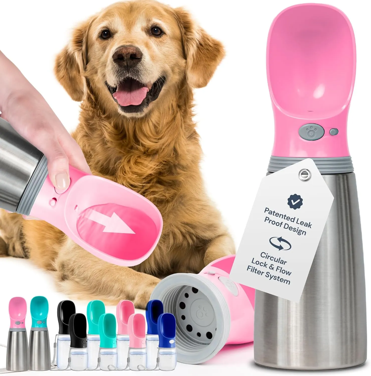 MalsiPree Leak Proof Stainless Steel Portable Dog Water Bottle - 24 oz, Pink Stainless Steel Water Bottles - Travel Dog Bowl - Puppy Bowl