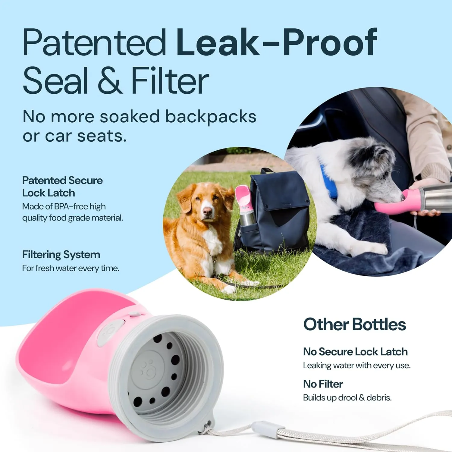 MalsiPree Leak Proof Stainless Steel Portable Dog Water Bottle - 24 oz, Pink Stainless Steel Water Bottles - Travel Dog Bowl - Puppy Bowl