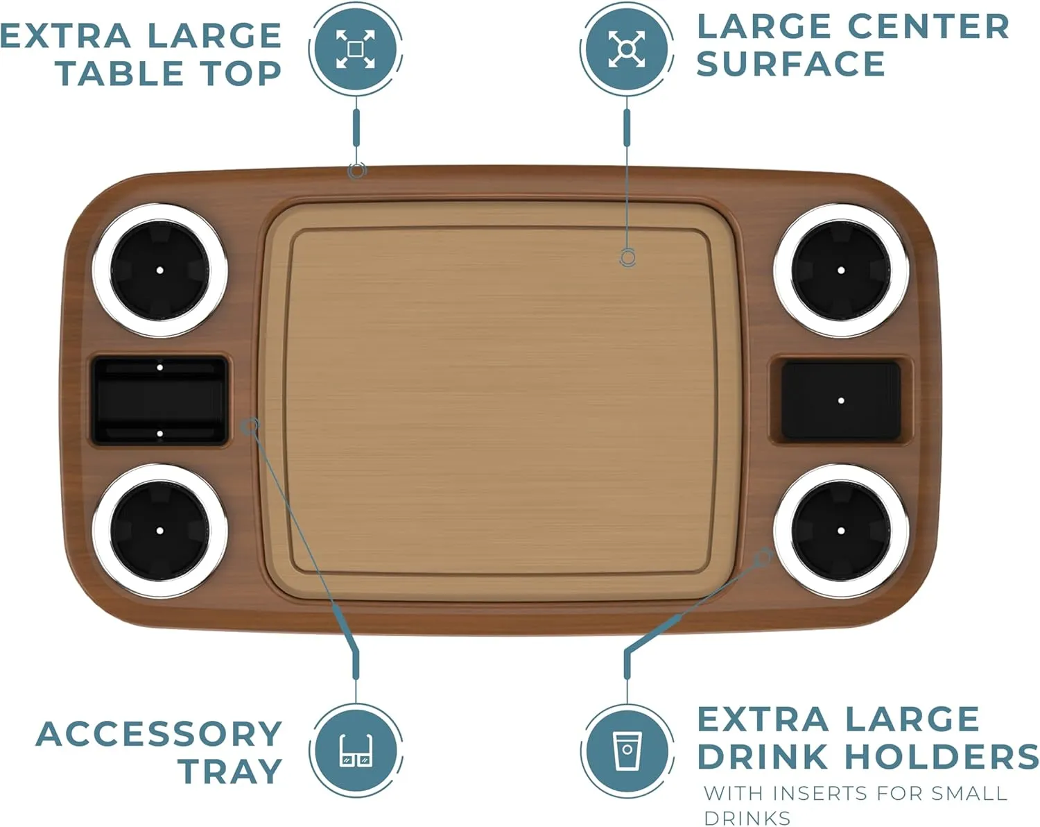 Manufacturers' Select ITC Boat Table Set - 18"x34" Removable Pontoon Boat Table with Center Non-Slip Mat, Pedestal Leg, 4 Drink Holders, & 2 Phone Stands (Cinnamon, Black Leg, Saddle Brown Mat)