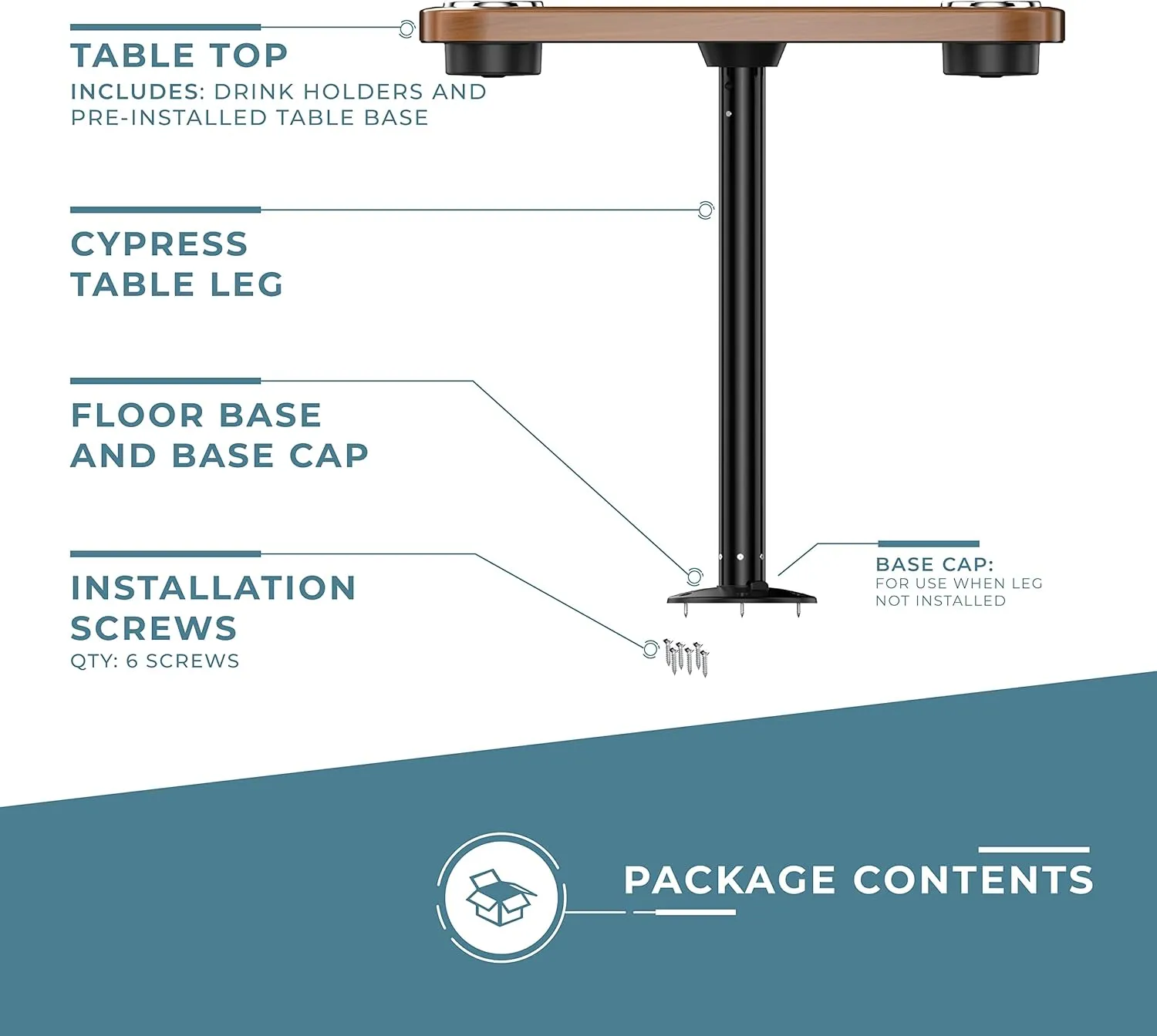 Manufacturers' Select ITC Boat Table Set - 18"x34" Removable Pontoon Boat Table with Center Non-Slip Mat, Pedestal Leg, 4 Drink Holders, & 2 Phone Stands (Cinnamon, Black Leg, Saddle Brown Mat)