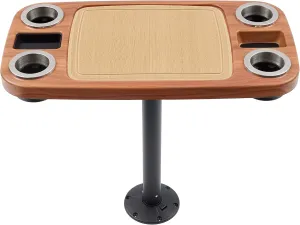 Manufacturers' Select ITC Boat Table Set - 18"x34" Removable Pontoon Boat Table with Center Non-Slip Mat, Pedestal Leg, 4 Drink Holders, & 2 Phone Stands (Cinnamon, Black Leg, Saddle Brown Mat)